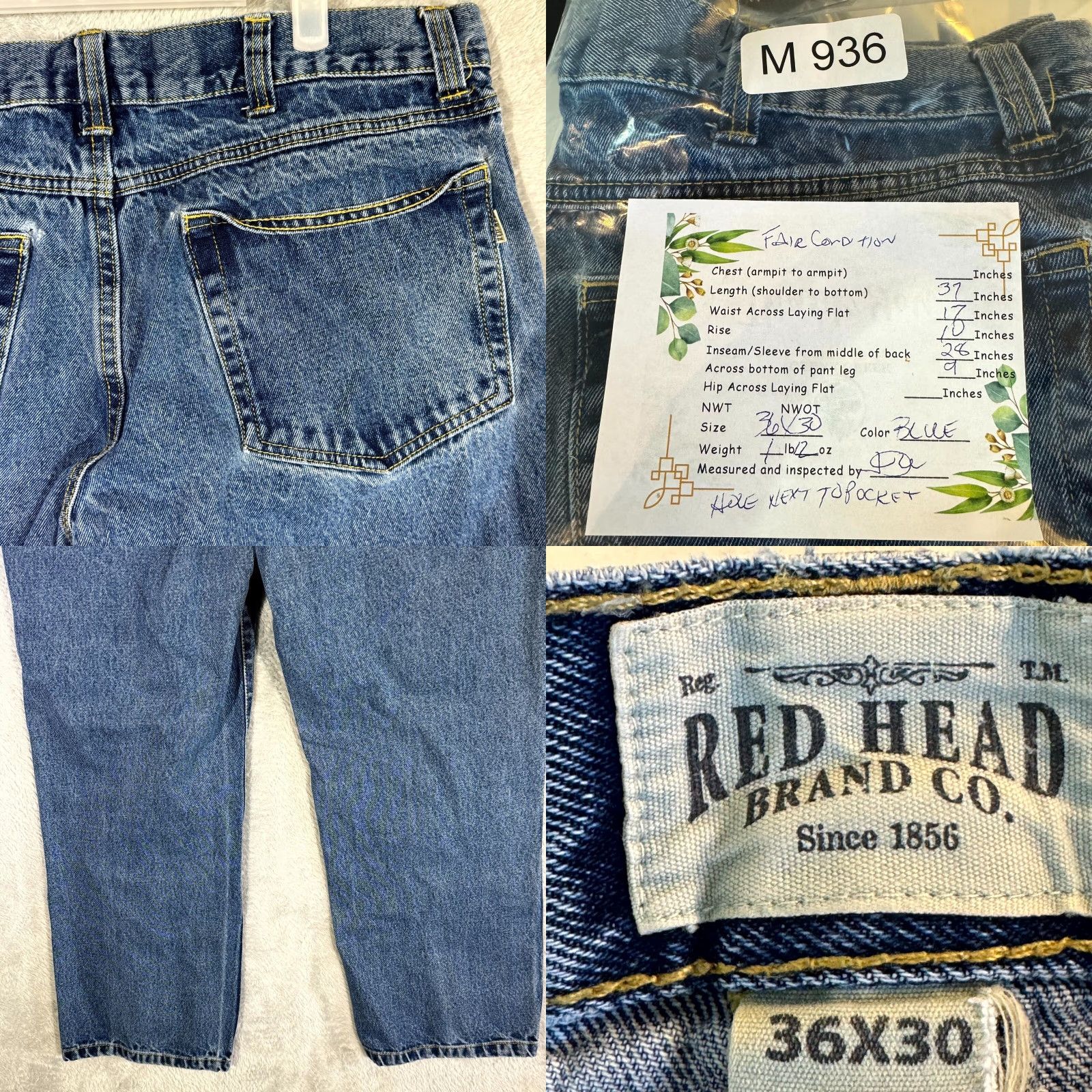 Denime RedHead Jeans Men 36x30 Straight Leg Blue Denim Stone Wash 100% Cotton Jeans Mens Regular Size US 36 / EU 52 - 8 Thumbnail