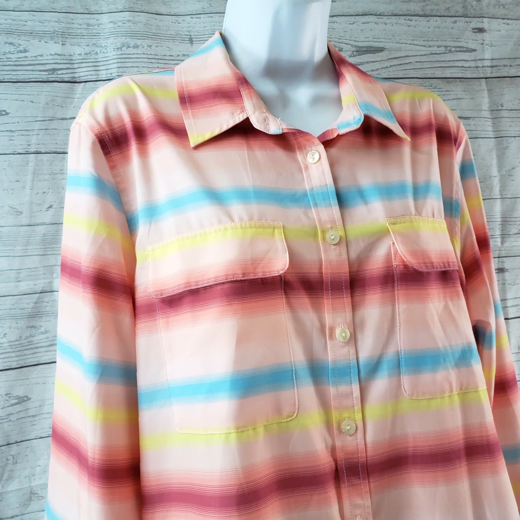 Lands' End Lands' End Womens Button Front Shirt Large Pink Blue Striped Long Sleeve Casual Shirt Womens L Pink Striped Button-Up 90s? Size L / US 10 / IT 46 - 2 Thumbnail