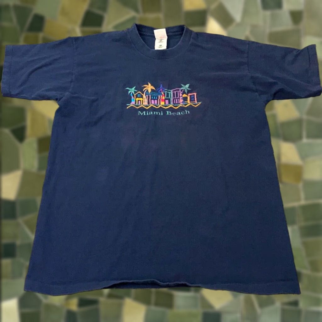 Fruit Of The Loom VINTAGE Miami Beach T-Shirt Mens XL Blue Embroidered Single Stitch 90s Fruit of the Loom USA Cotton Jersey Crew Neck Graphic Print Mens Size US XL / EU 56 / 4 - 1 Thumbnail