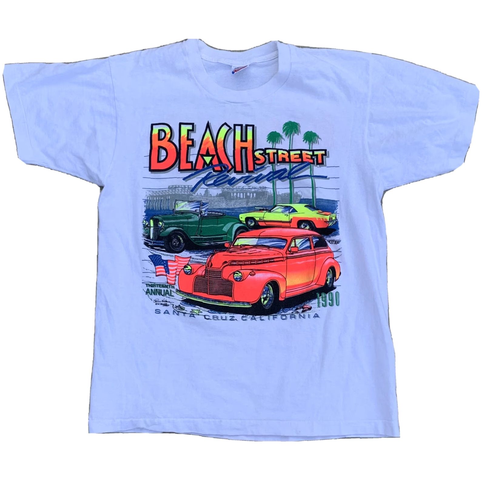 Fruit Of The Loom VINTAGE Beach Street Revival 1990 Santa Cruz T-Shirt neon graphics Classic Cars Shirt Unisex L White 1990s Graphics Tee Girls/Mens? Size US L / EU 52-54 / 3 - 5 Thumbnail
