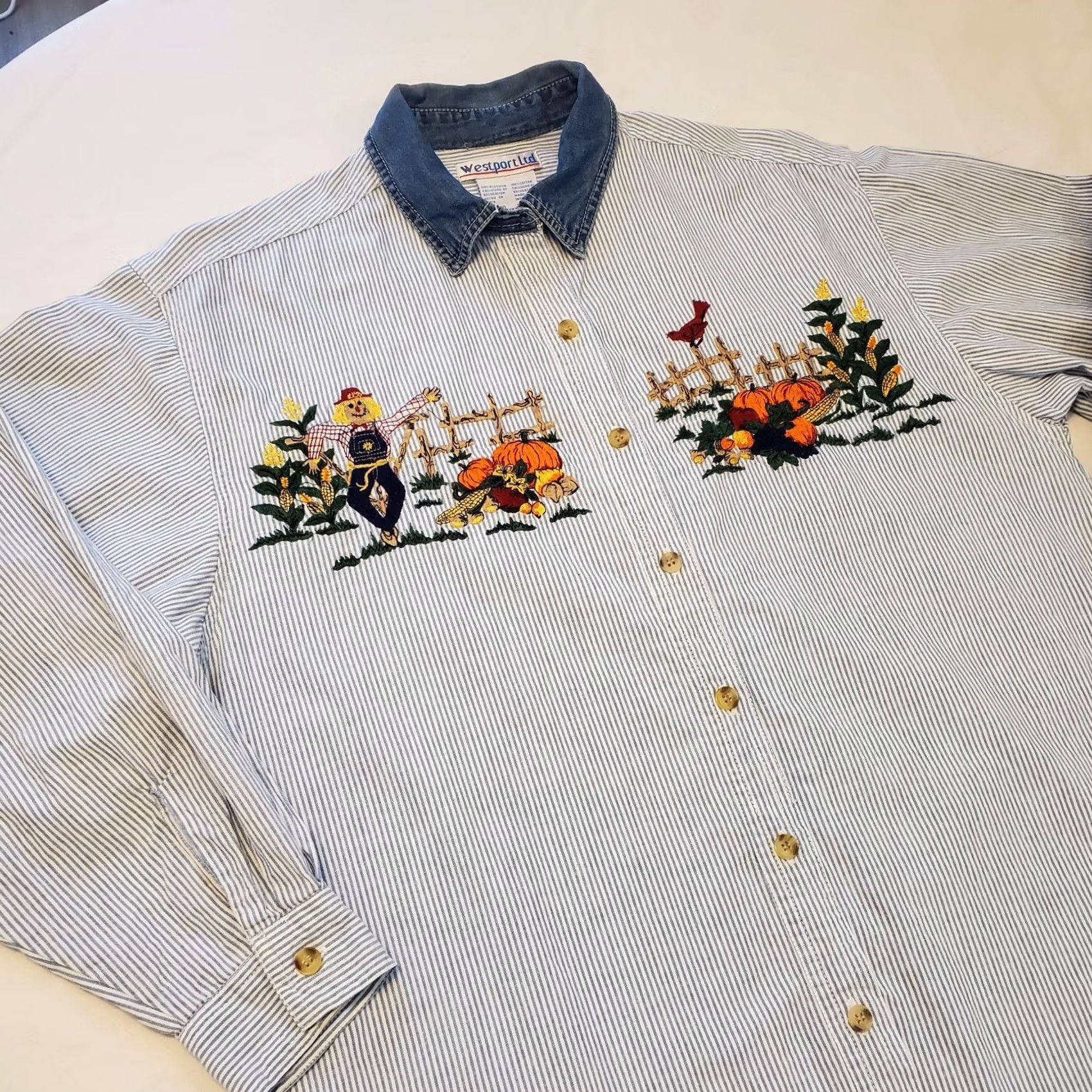 Denime VINTAGE Denim Striped Pumpkin Patch Embroidered Fall Button Up Shirt Sz Med Womens Size M / US 6-8 / IT 42-44 - 4 Thumbnail