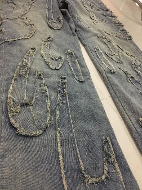 VIBE Street Retro Raw Edge Embroidery Baggy Jeans Size US 32 / EU 48 - 8 Thumbnail