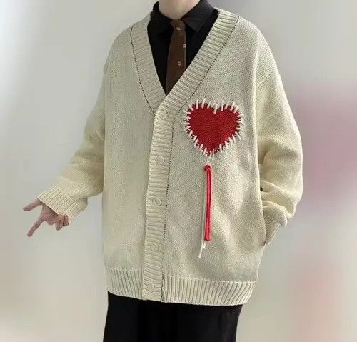 image of Vintage Stylish True Love Cardigan Jacket Knitwear in White Beige, Men's (Size Large)