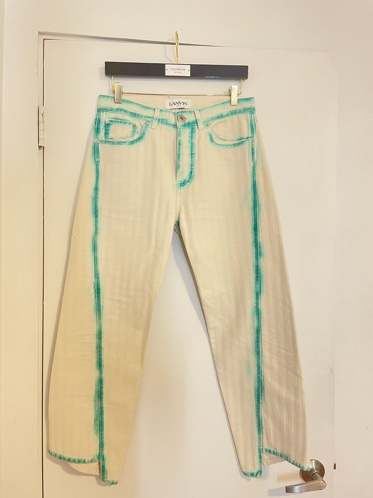 image of Lanvin White And Teal Overdyed Twisted Seam Jean, Men's (Size 29)