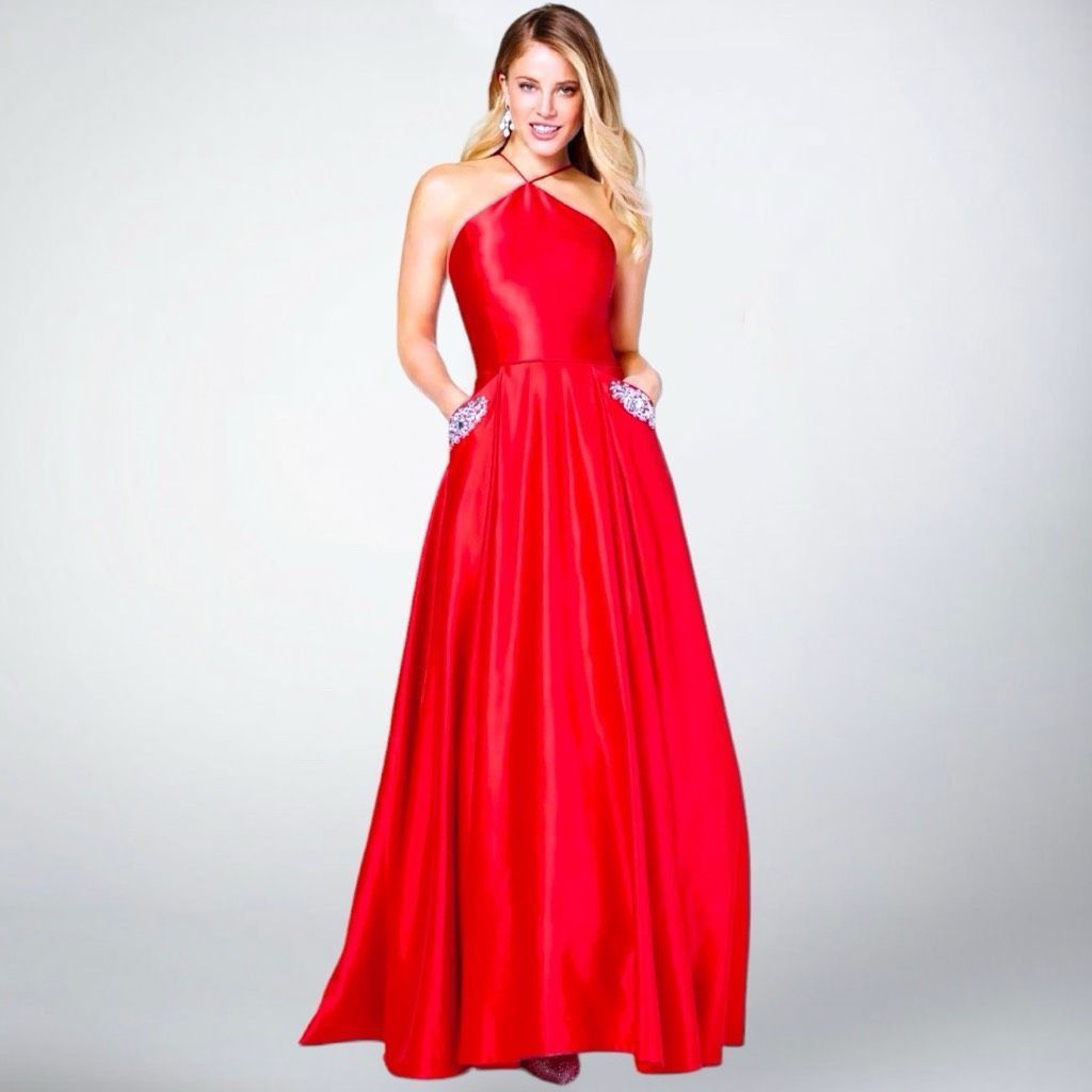 Blondie Nites Red Satin Halter & Pockets Prom Evening Dress Gown Sz 11