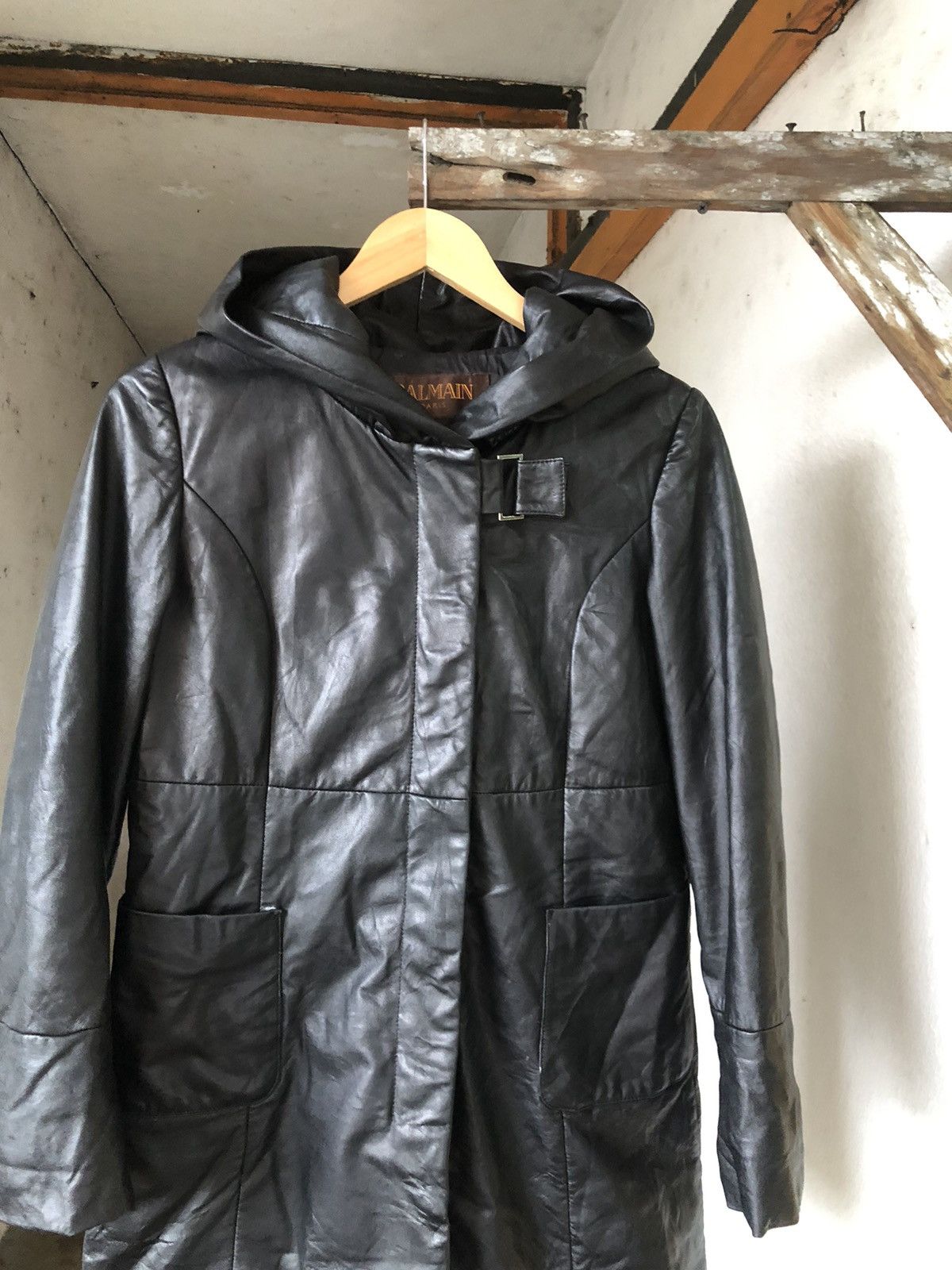 Balmain 🏴 Vintage Balmain Paris Soft Leather Long Jacket Wt Hoodie Size S / US 4 / IT 40 - 5 Thumbnail