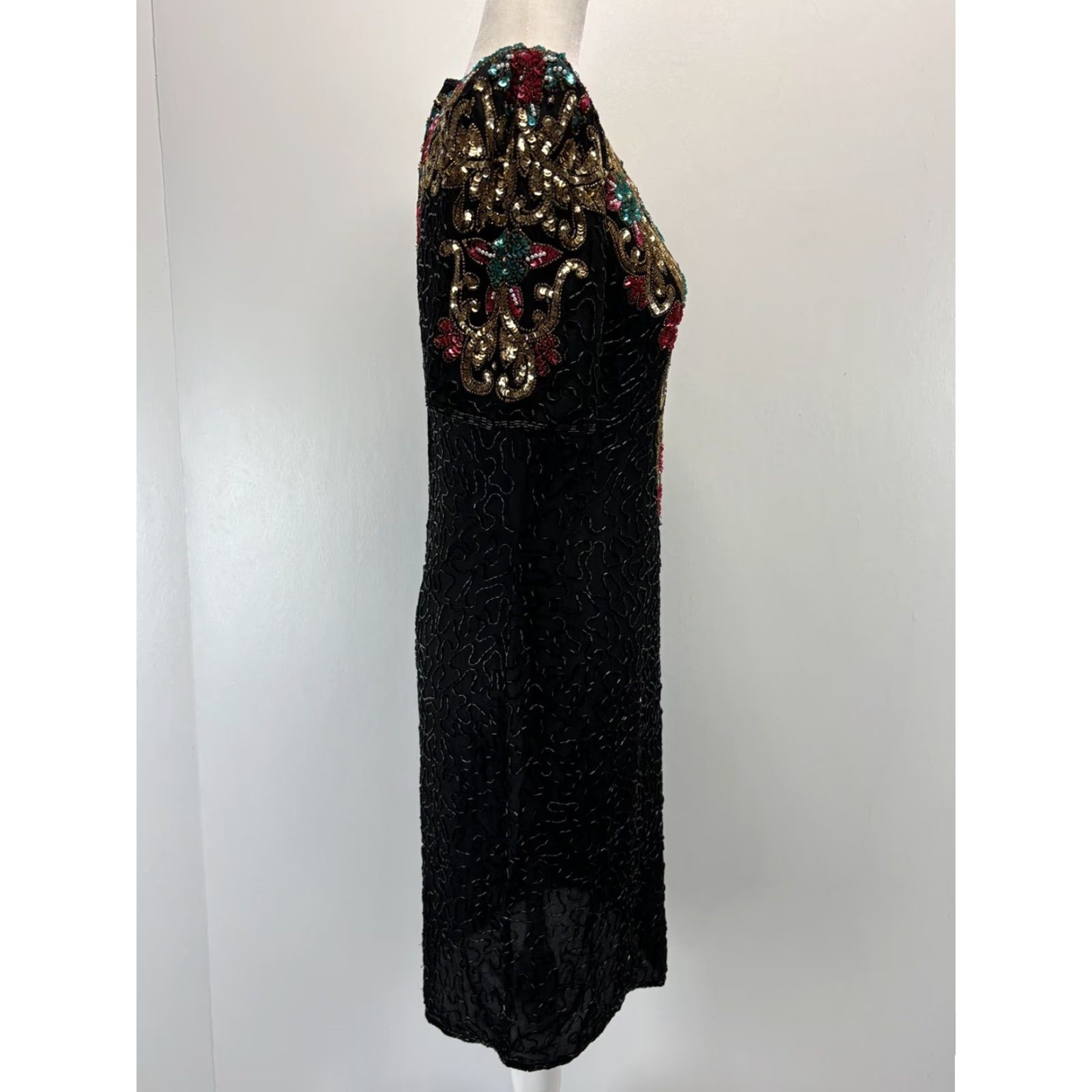 VINTAGE Scala Beaded Dress Women Short Sleeve Silk Cocktail Party Pencil  Dress Black S Small Beaded,