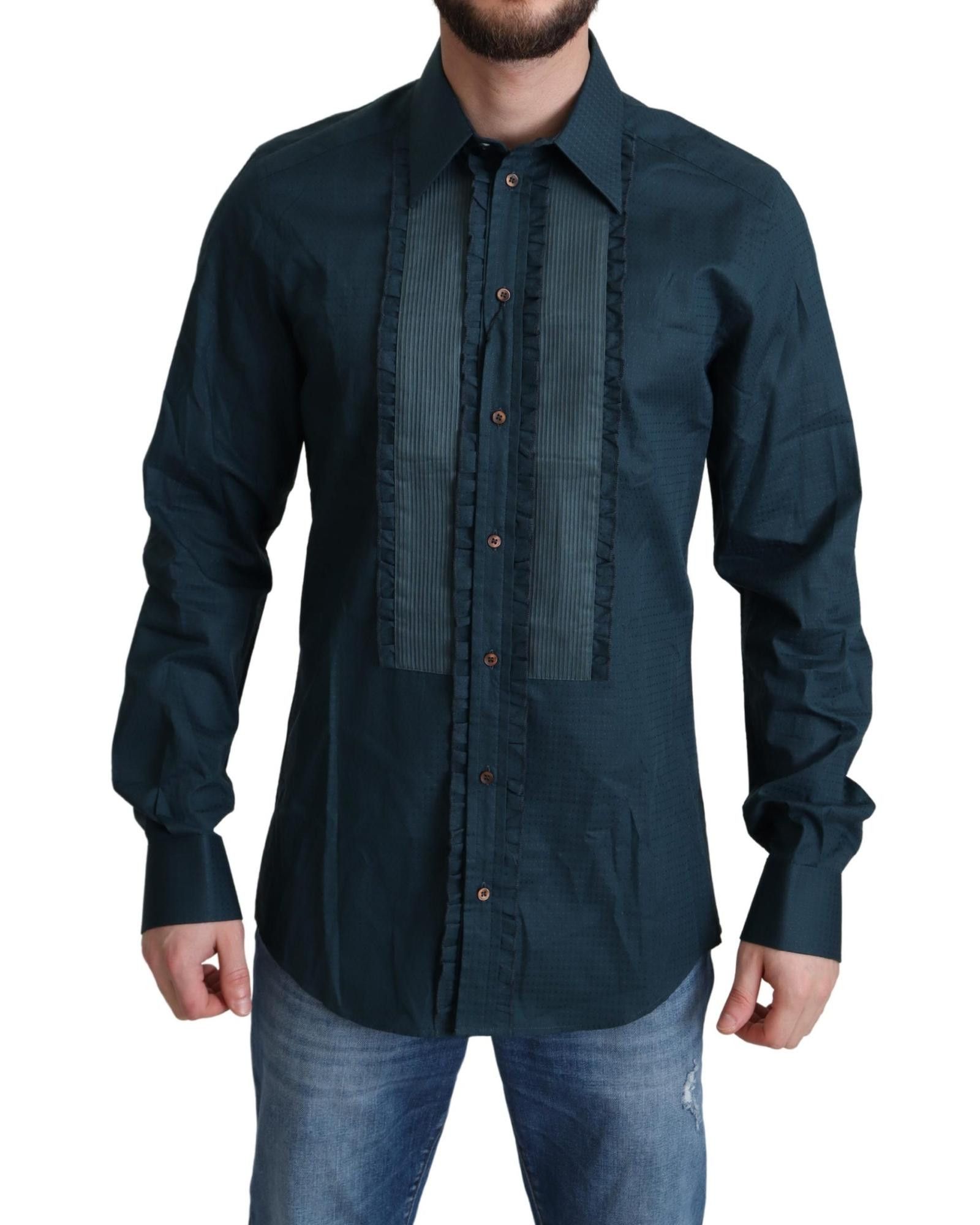 image of Dolce Gabbana Cotton Dress Shirt With Soft Placket Ruffles in Blue, Men's (Size XL)