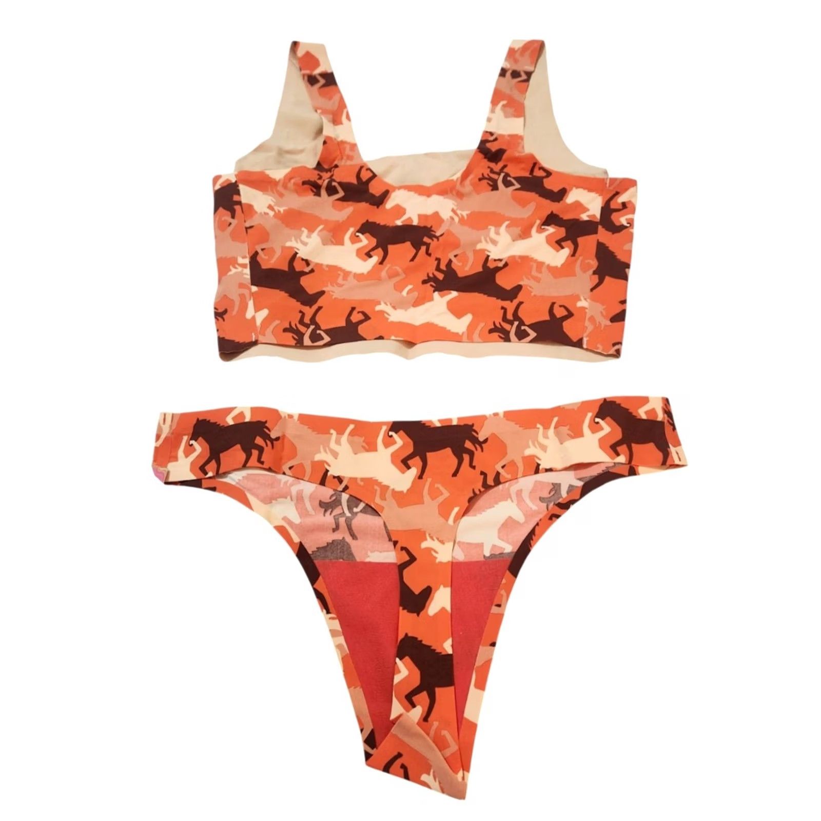 Vintage Cheek Boss Tie Womens L Orange Bra Thong Set Horse Print Panties Size 36" / US 14 / IT 50 - 2 Thumbnail