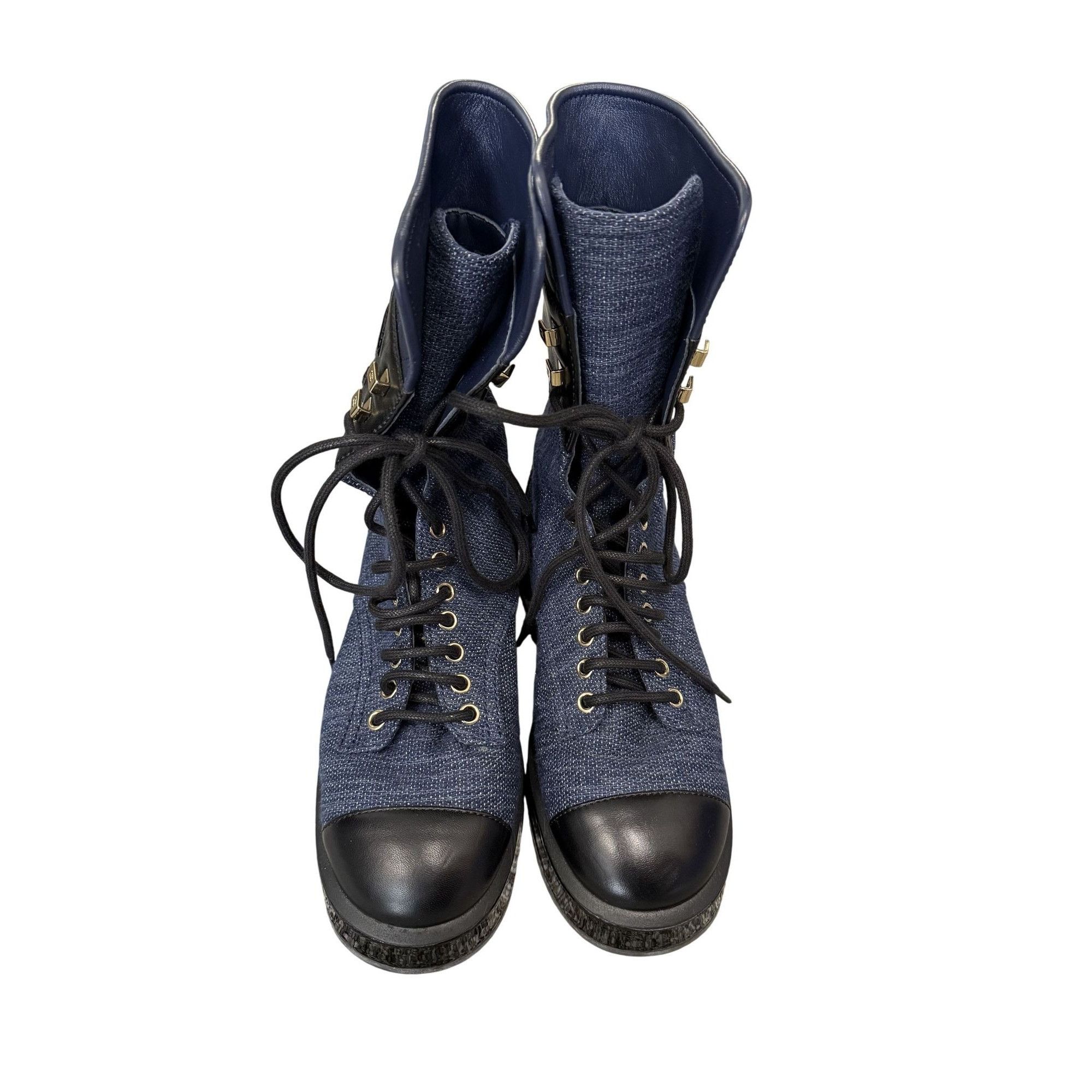Chanel Womens Blue Denim & Black Patent Leather Combat Boots