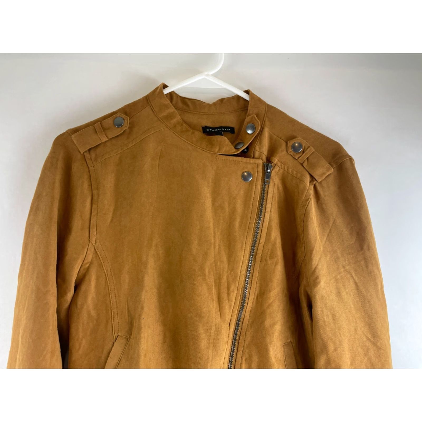 Camel STACCATO Jacket Women's Large Camel Brown Moto Asymmetric Full Zip Belted Jacket Regular Size Type MN | Outdoor Travel Style Motorcycle Coat Size L / US 10 / IT 46 - 3 Thumbnail