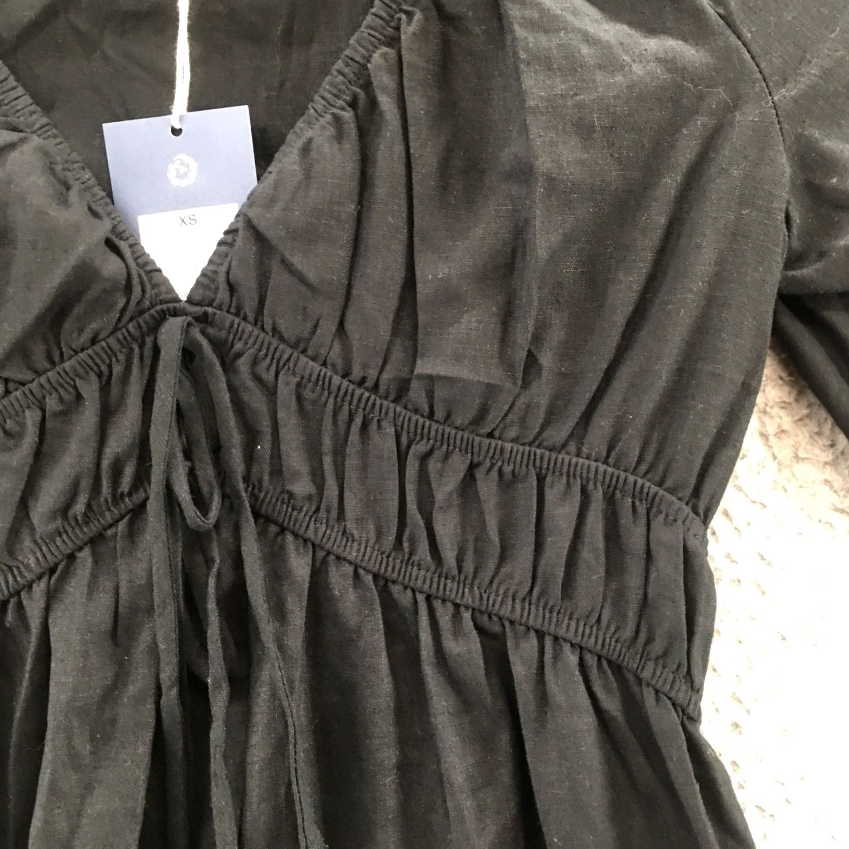 Vintage A New Day Midi Dress Womens XS Black Shirred Poplin Plunge Vneck Long Sleeve NEW Size XS / US 0-2 / IT 36-38 - 7 Thumbnail