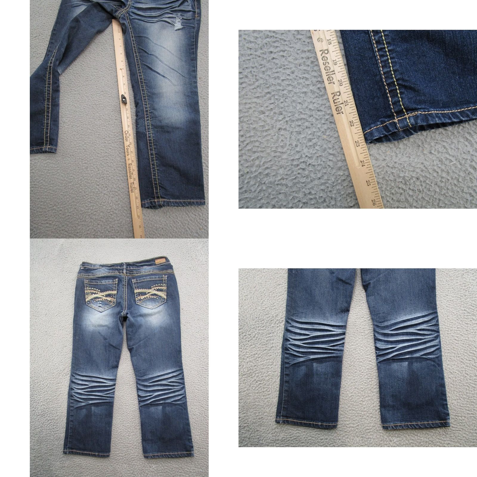 Vintage Reign Jeans Capri Distressed Dark Stretch Denim Women SZ 7 Blue Capri Womens Jeans Capris, Reign Denim Women 7 Blue Distressed Stretch Size 28" / US 6 / IT 42 - 8 Thumbnail