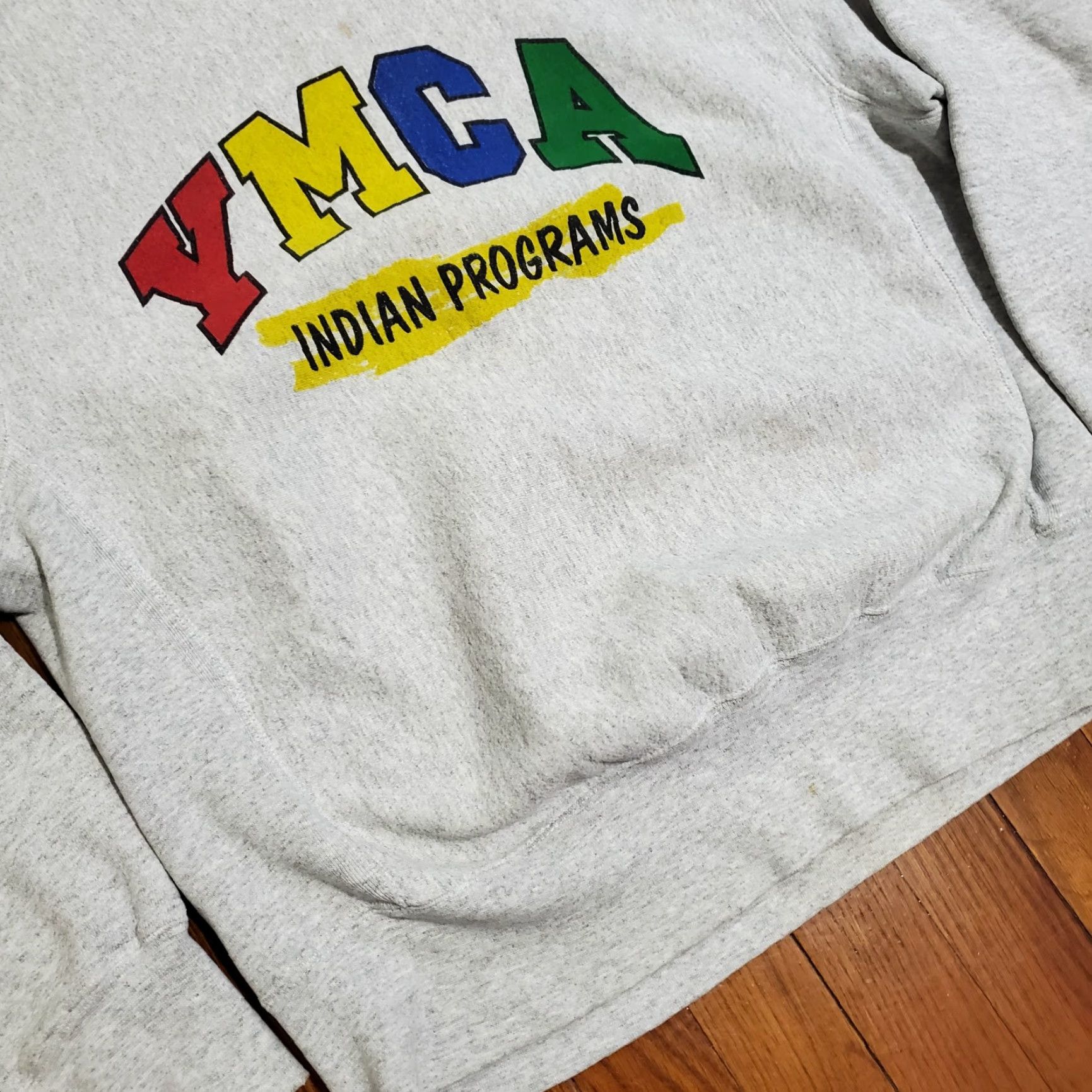 Lee VINTAGE Sweatshirt 1990s YMCA Gray Logo Sz L Rare Thrashed Distressed Stained Size US L / EU 52-54 / 3 - 4 Thumbnail