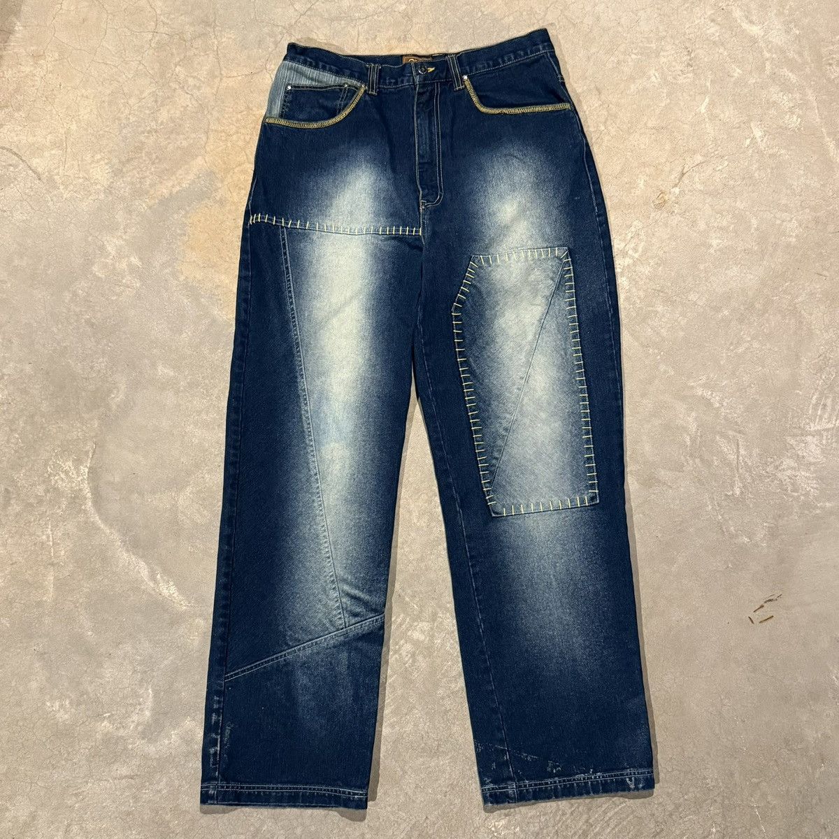 Vintage Vtg 2000s Raw Blue Faded Patchwork Baggy Jeans Y2K JNCO Size US 34 / EU 50 - 1 Thumbnail
