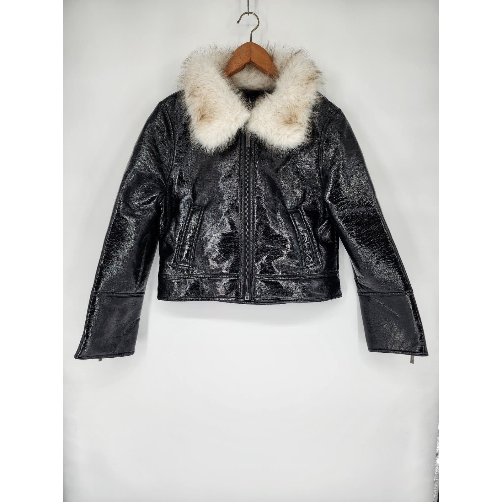 image of Unreal Fur Wet Look Aviator Jacket In Black, Women's (Size XS)