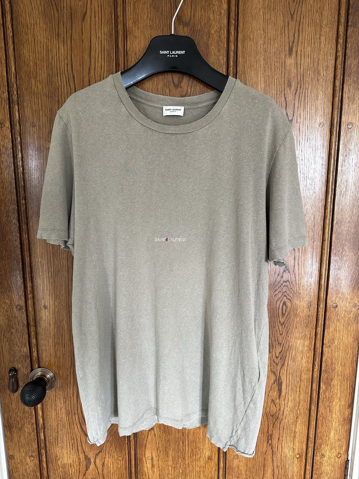 Saint Laurent Paris $550 Saint Laurent Rive Gauche logo t shirt olive khaki Size US S / EU 44-46 / 1 - 1 Thumbnail