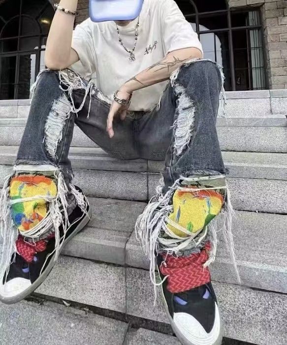 Japanese Brand Destruction Brushed Washed Loose Straight Leg Ripped Jeans Size US 31 - 5 Thumbnail