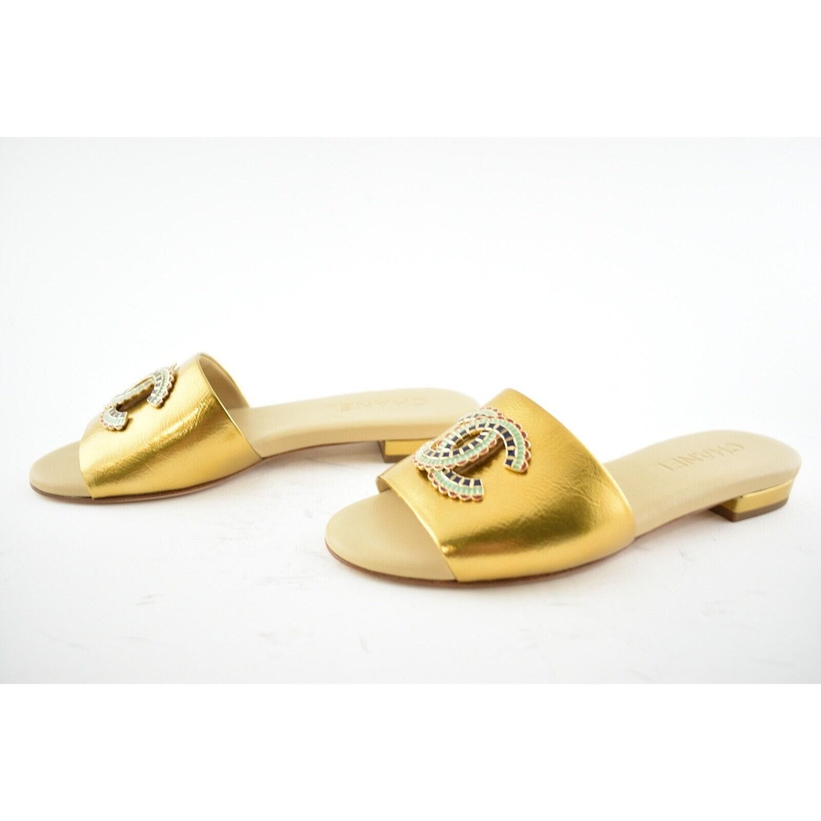 Chanel Chanel 19A Gold Laminated Lambskin CC Red Logo Slide Size US 6 / IT 36 - 10 Thumbnail