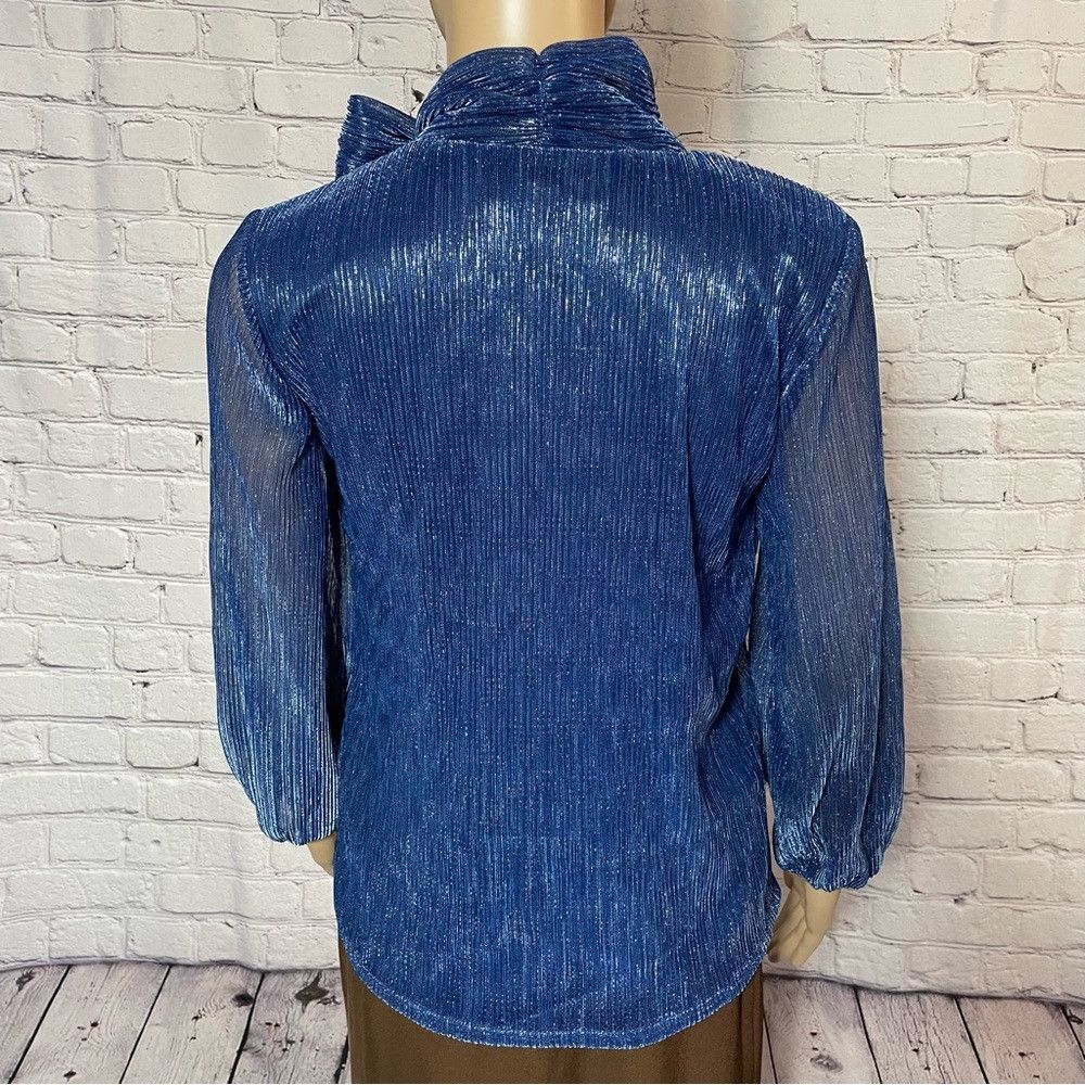 Other NWT New Cable & Gauge Blue Metallic Long Sleeve Tie Neck Bl Size XS / US 0-2 / IT 36-38 - 3 Thumbnail