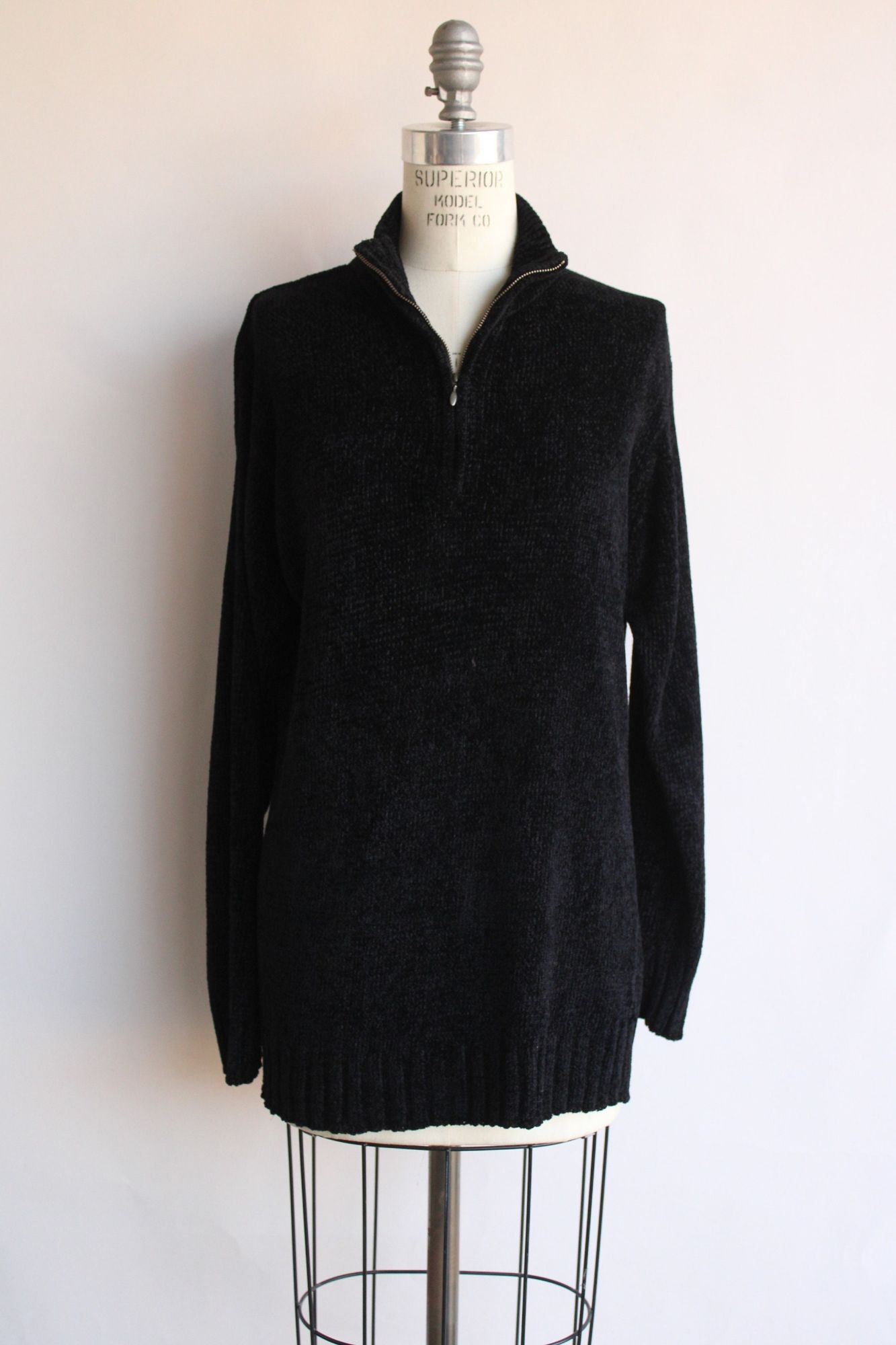 Vintage Vintage 1990s 2000s Sweater, Black Chenille Zipper Mock Neck Size L / US 10 / IT 46 - 2 Thumbnail