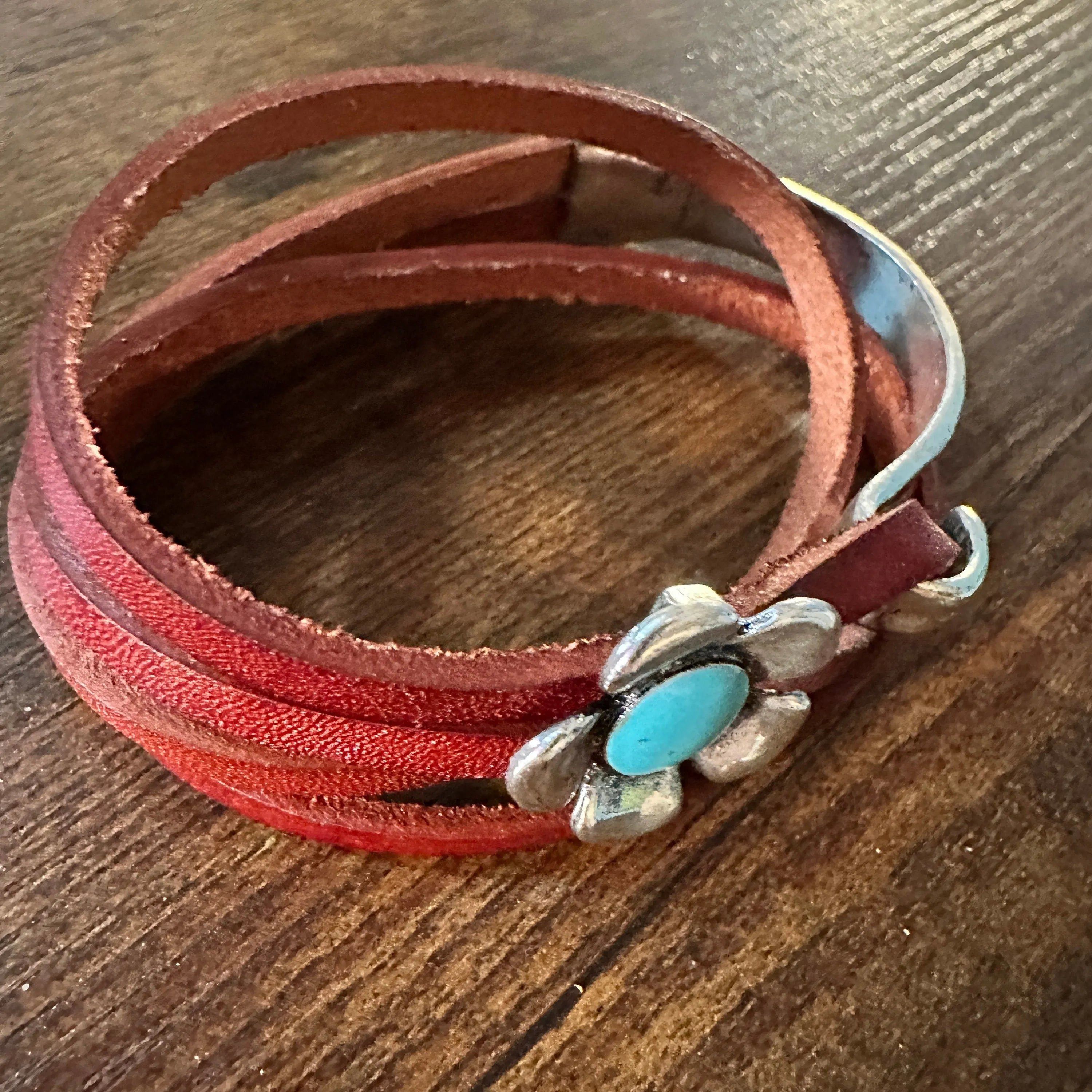 Other Brown Leather Flower Bracelet, Double Wrap, Boho Flower Leat Size ONE SIZE - 2 Thumbnail