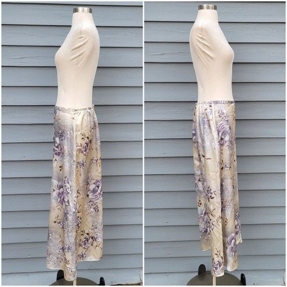 Vintage Vintage 90s y2k Kathy Lee Blue Tan Satin Purple Floral Midi Size 34" / US 12 / IT 48 - 2 Thumbnail