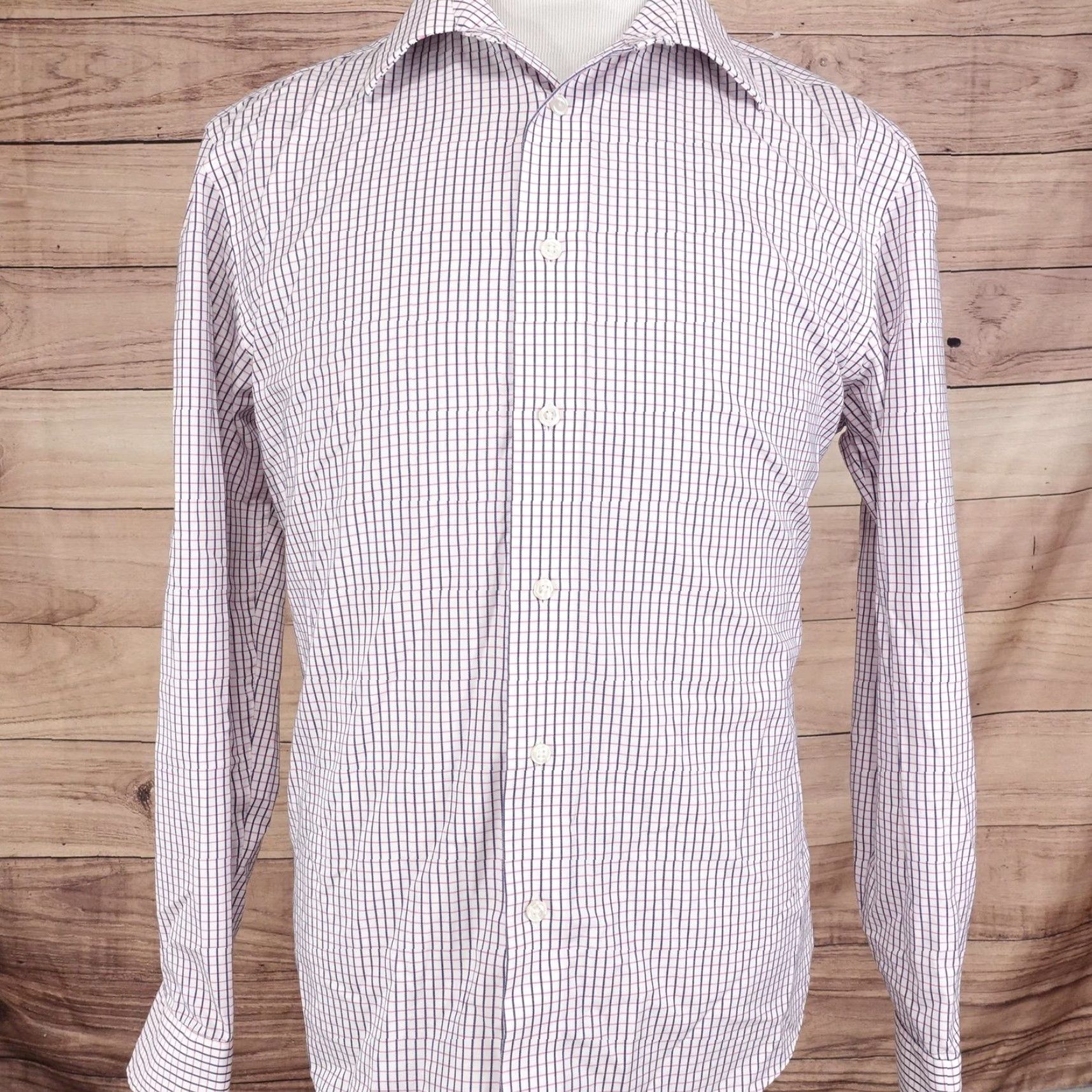 Egara Egara Dress Shirt Mens Large Purple Check Non Iron 100% Cotton Long Sleeve Size 42R - 3 Thumbnail