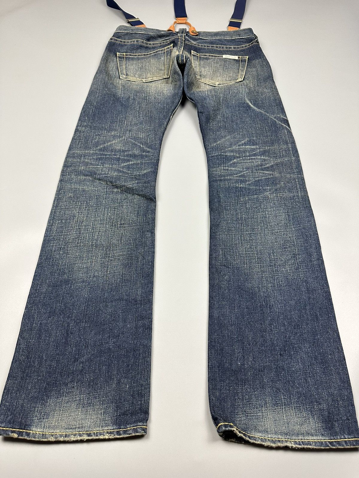 If Six Was Nine × Le Grande Bleu (L.G.B.) 🔥Flared🔥 SLY Glamour Jeans With Suspenders Leather Denim Size US 32 / EU 48 - 7 Thumbnail