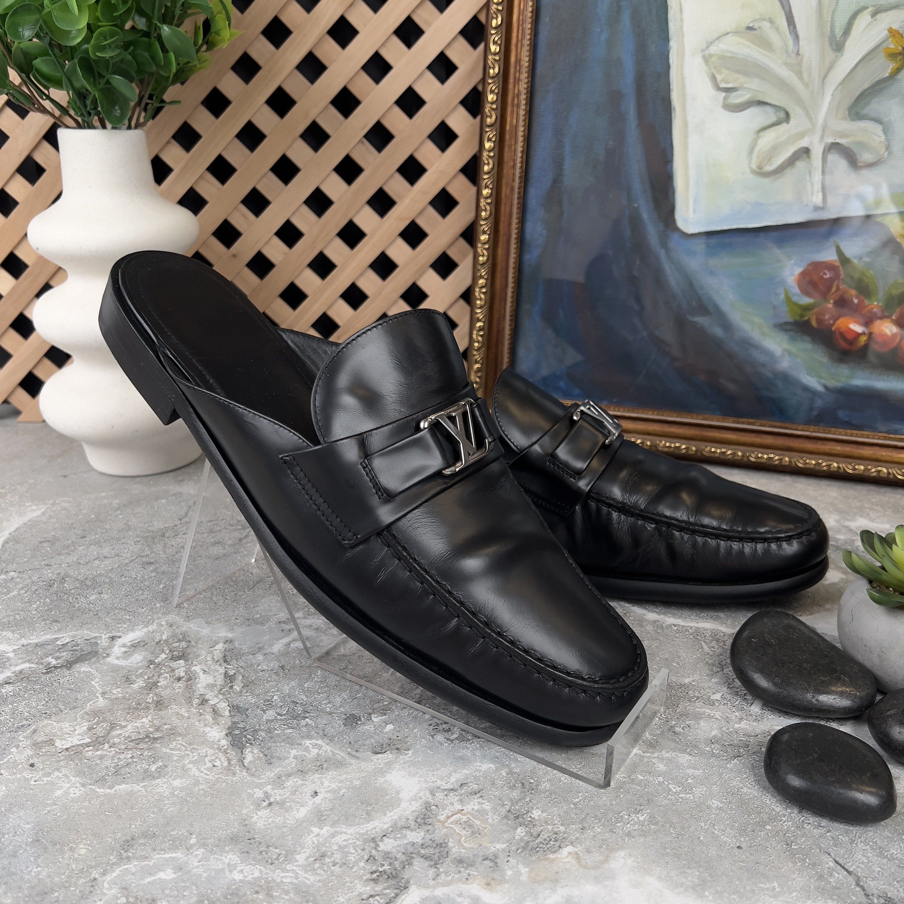 Louis Vuitton Major Open Back Loafers Mules Black Glazed Leather Size US 10 / EU 43 - 5 Thumbnail