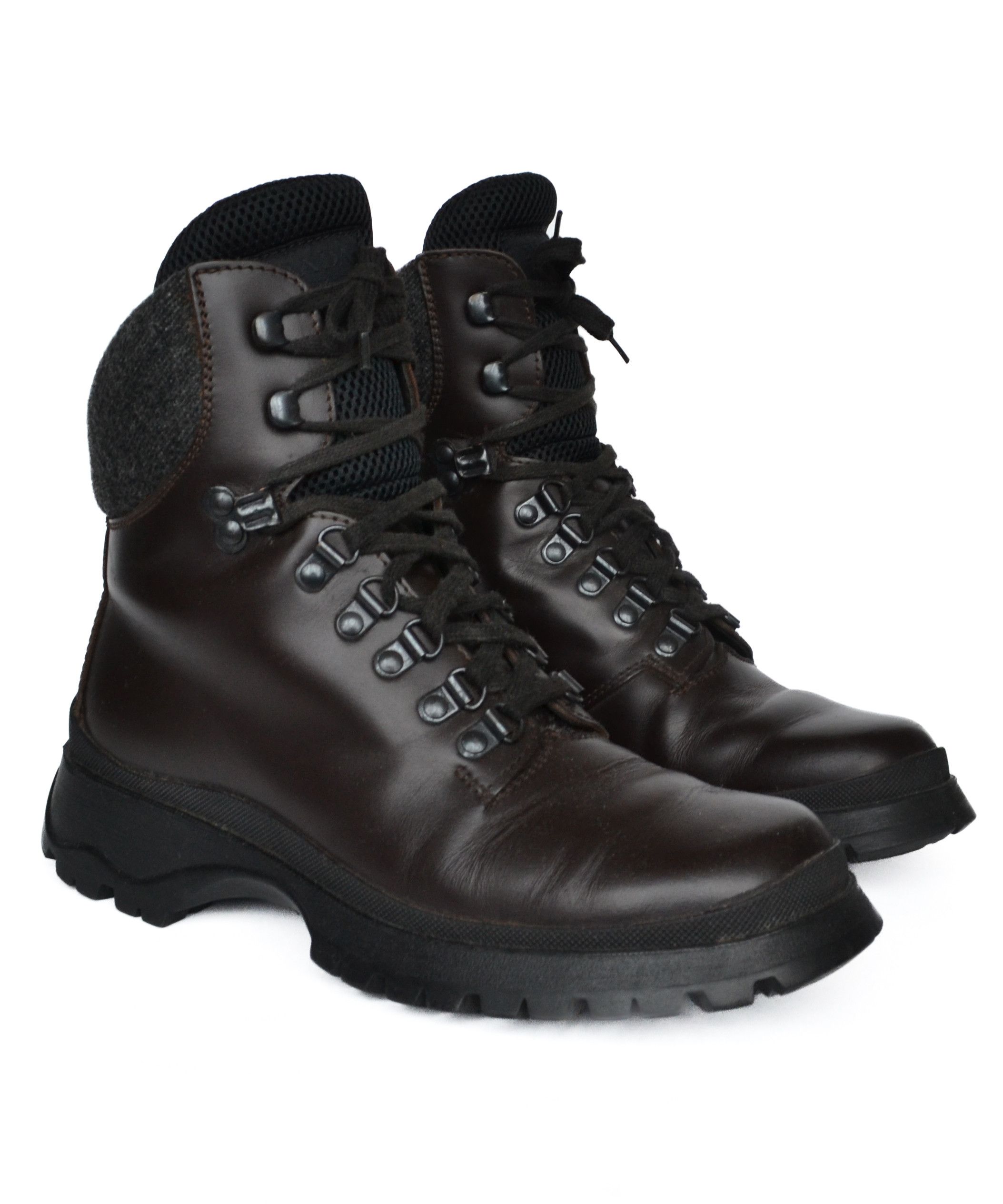 Prada 🔴 PRADA Boots Leather Wool Shoes Brown Grey 1998 Combat 38 Size US 8 / IT 38 - 3 Thumbnail