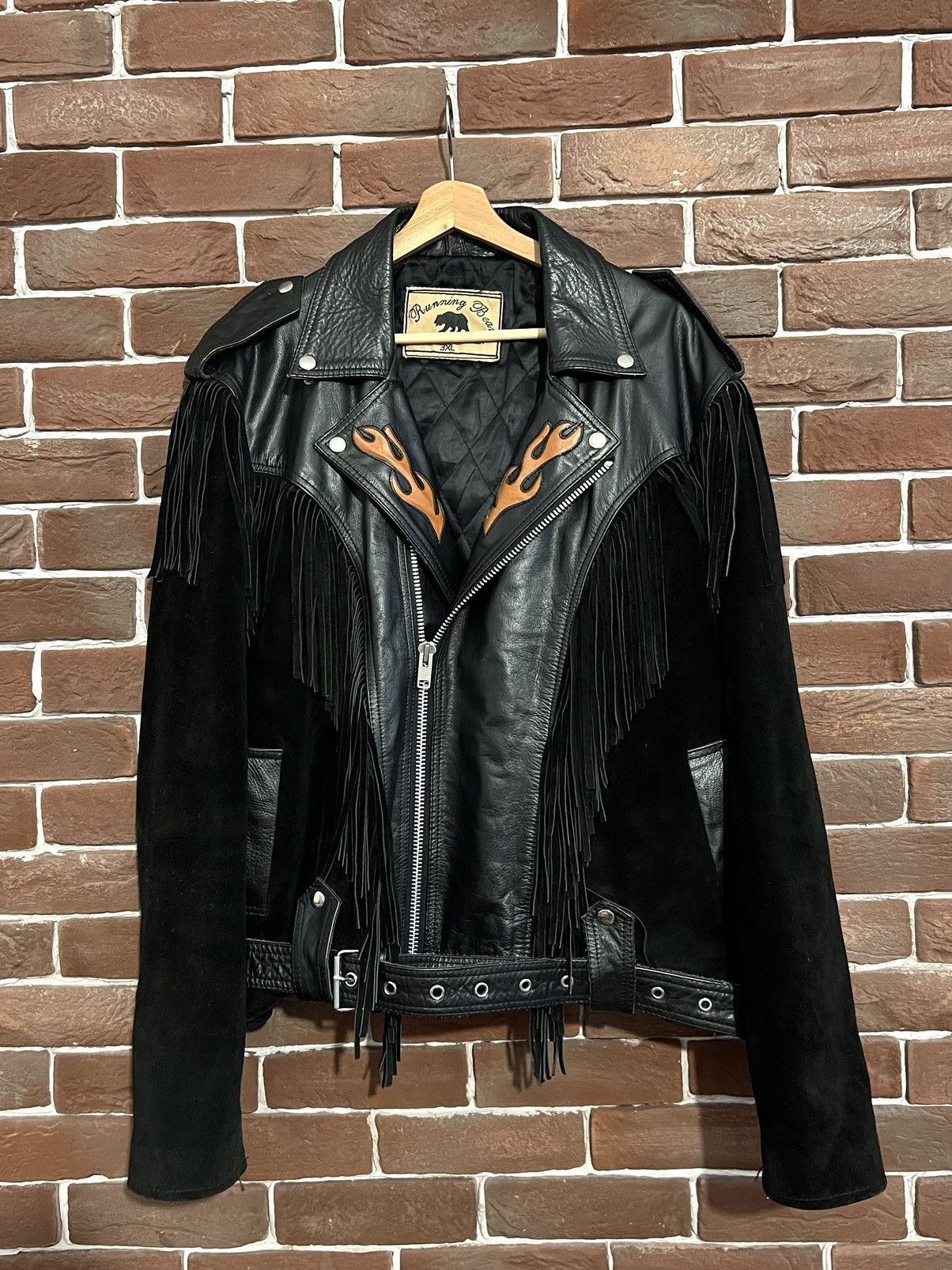 image of Vintage Biker Leather Suede Fringe Jacket Flames Rare 3Xl in Black, Men's (Size 2XL)