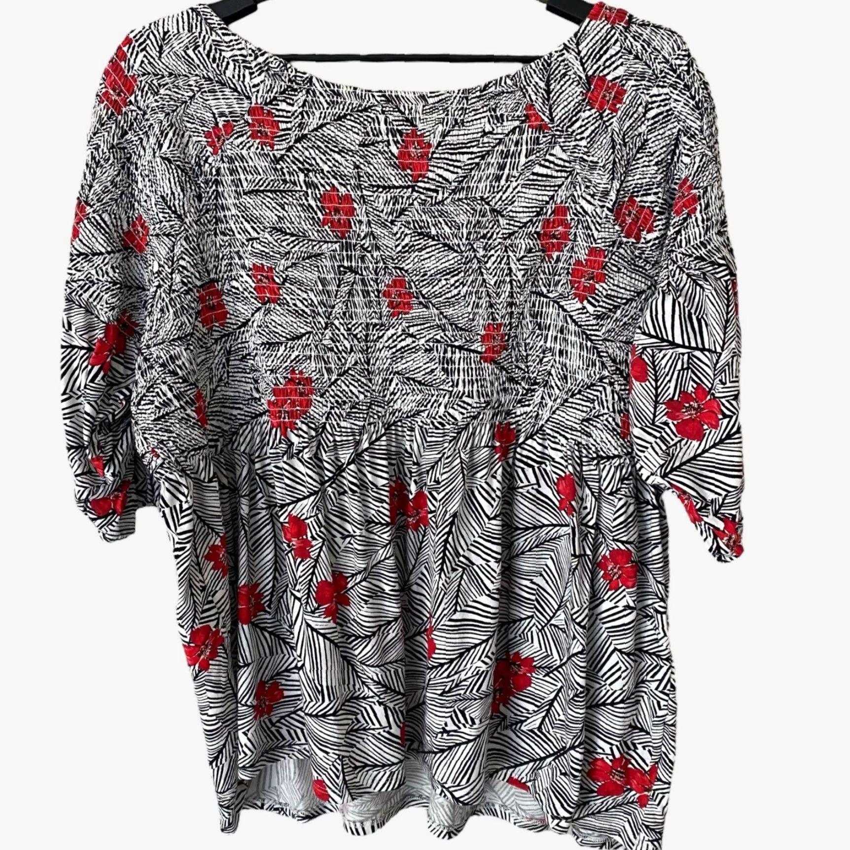 J. Jill J.Jill Blouse Shirt 3/4 Sleeve Smocked Floral Knit Peasant Top Women's 2X Black Pullover Size XXL / US 16-18 / IT 52-54 - 4 Thumbnail