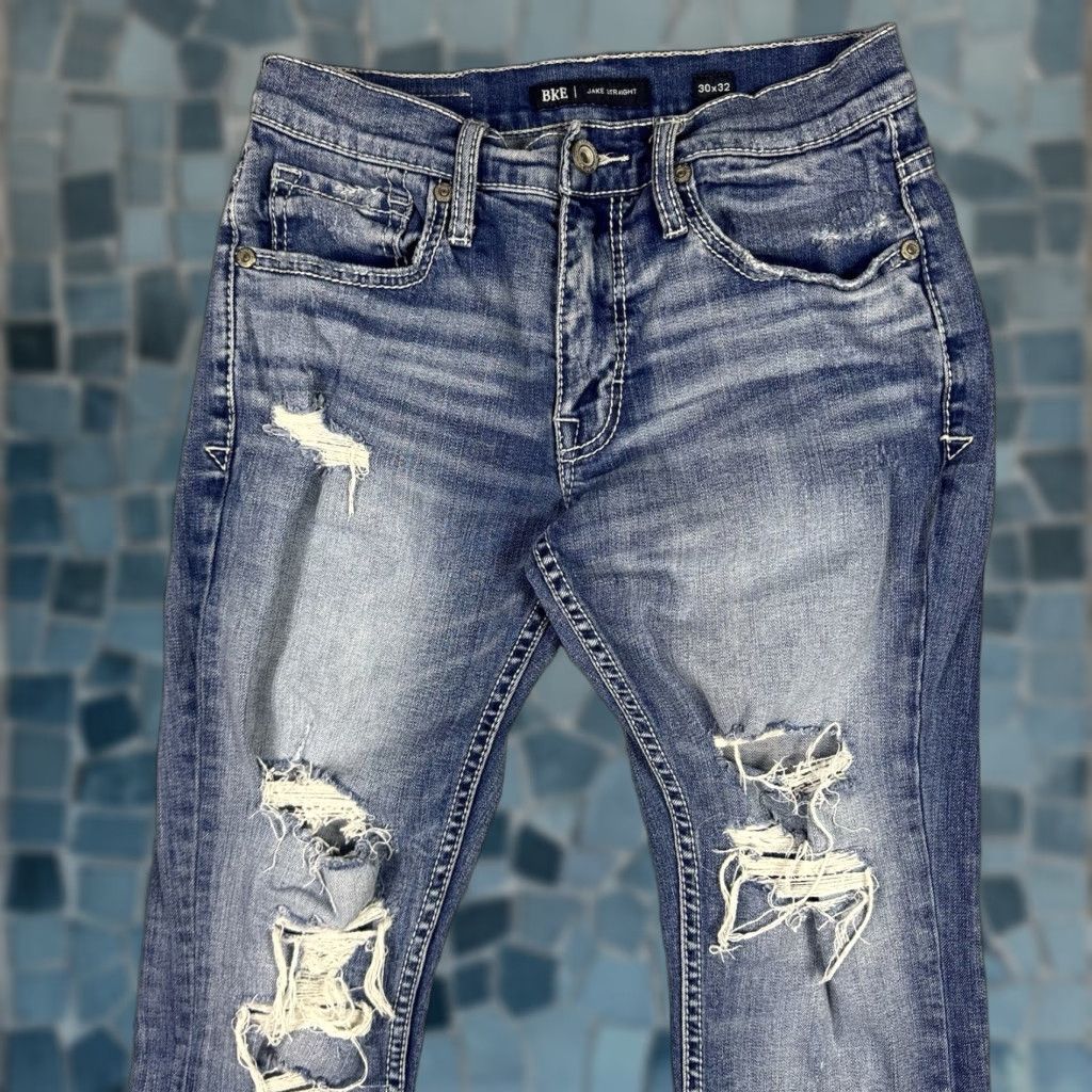 BKE BKE Jeans Mens 30x32 Straight Buckle Whisker Medium Distressed Denim Cowboy Shirt Size US 30 / EU 46 - 1 Thumbnail
