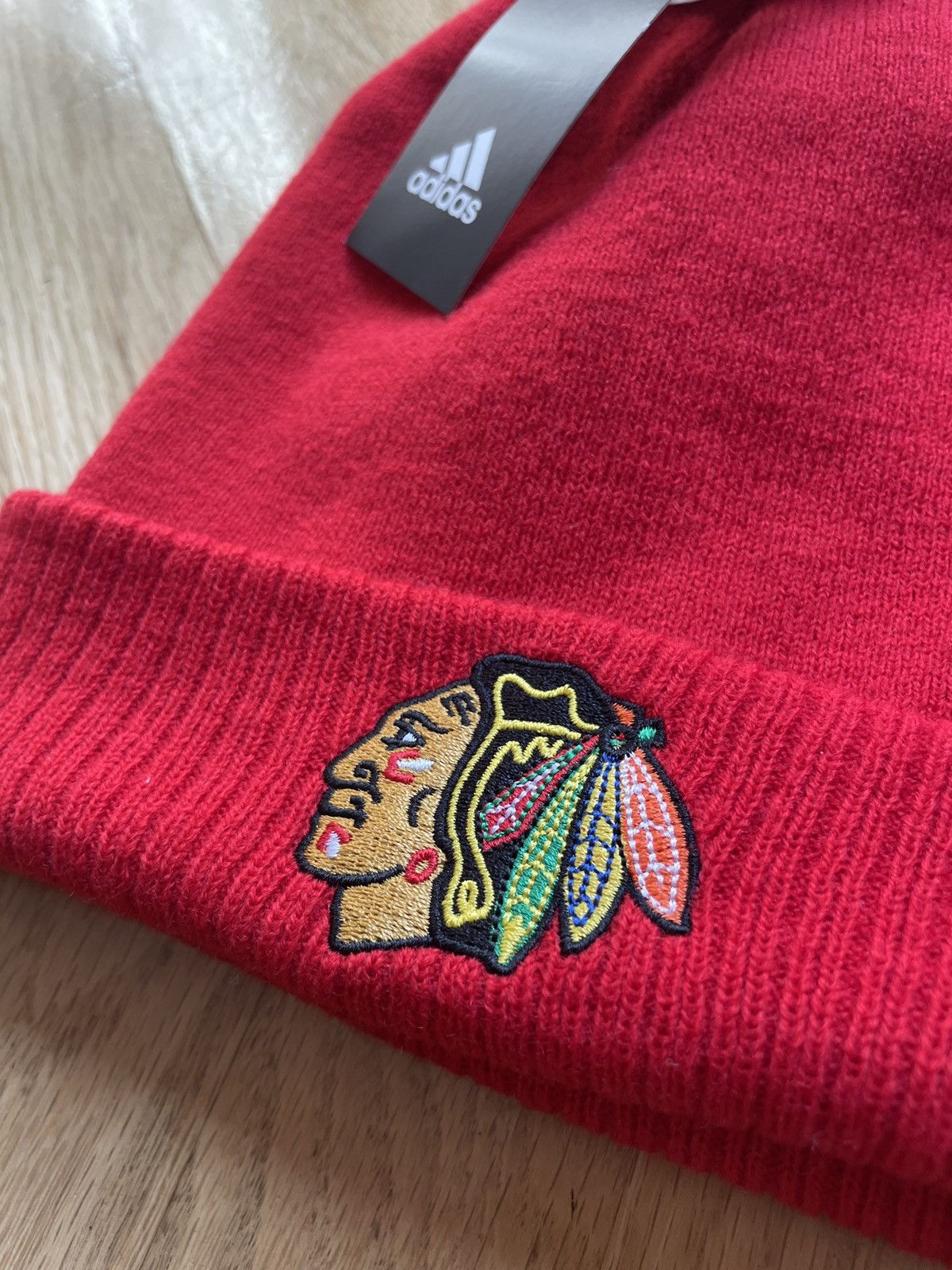 Adidas Adidas Chicago Blackhawks Embroidered Cuffed Knit Pom Beanie Size ONE SIZE - 2 Thumbnail
