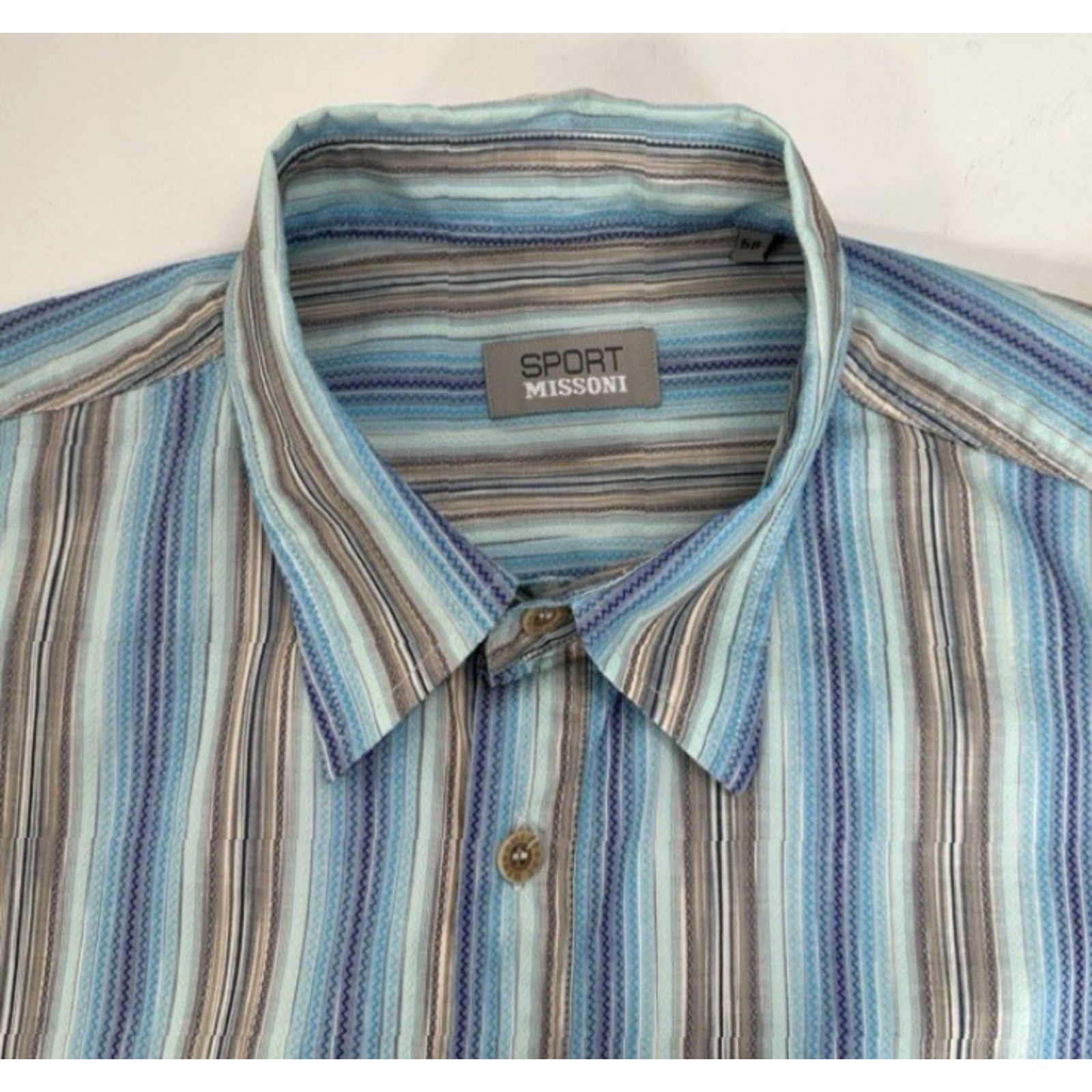 Missoni MISSONI SPORT Striped Embroidered Logo Mens 58 Shirt Shirt Mens 58 Blue Brown White Black Embroidered Button-Up Short Sleeve 90s or 00s? Size US XXL / EU 58 / 5 - 5 Thumbnail