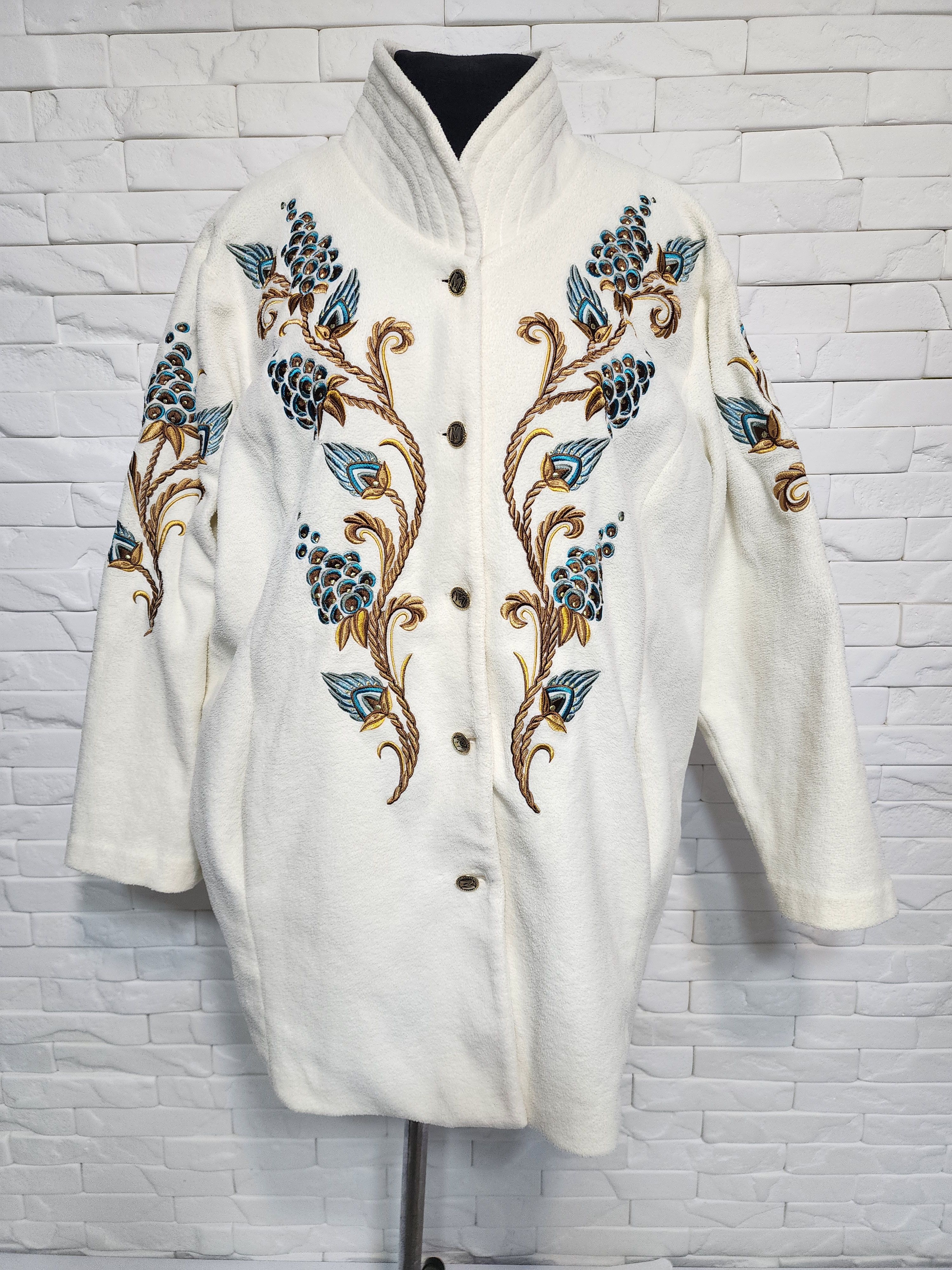 Designer Women's White Fleece Jacket. Colorful Embroidery. Size XXL / US 16-18 / IT 52-54 - 1 Thumbnail