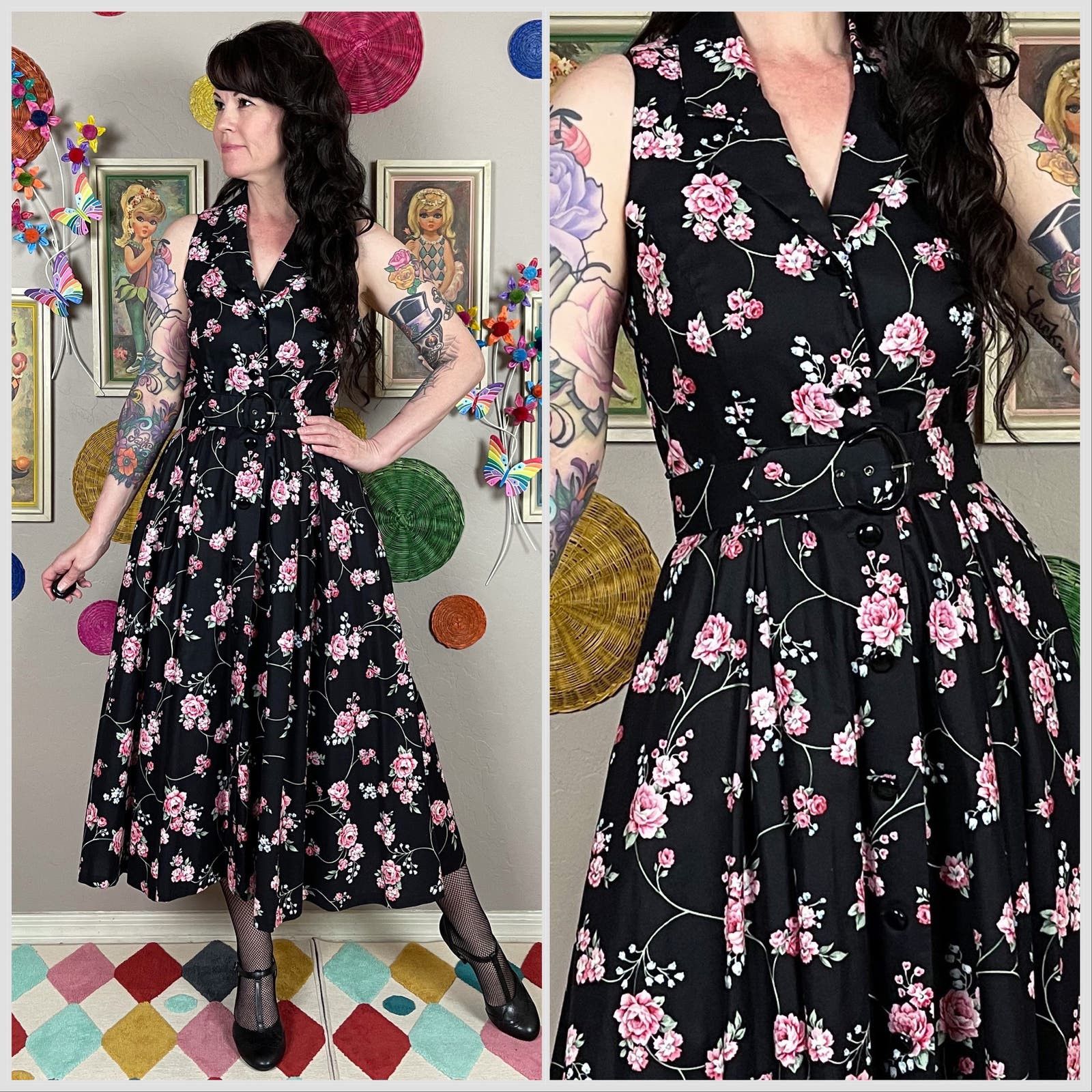 image of Vintage 1980S Black Cotton Floral Sleeveless Fit & Flare Dress, Women's (Size Small)