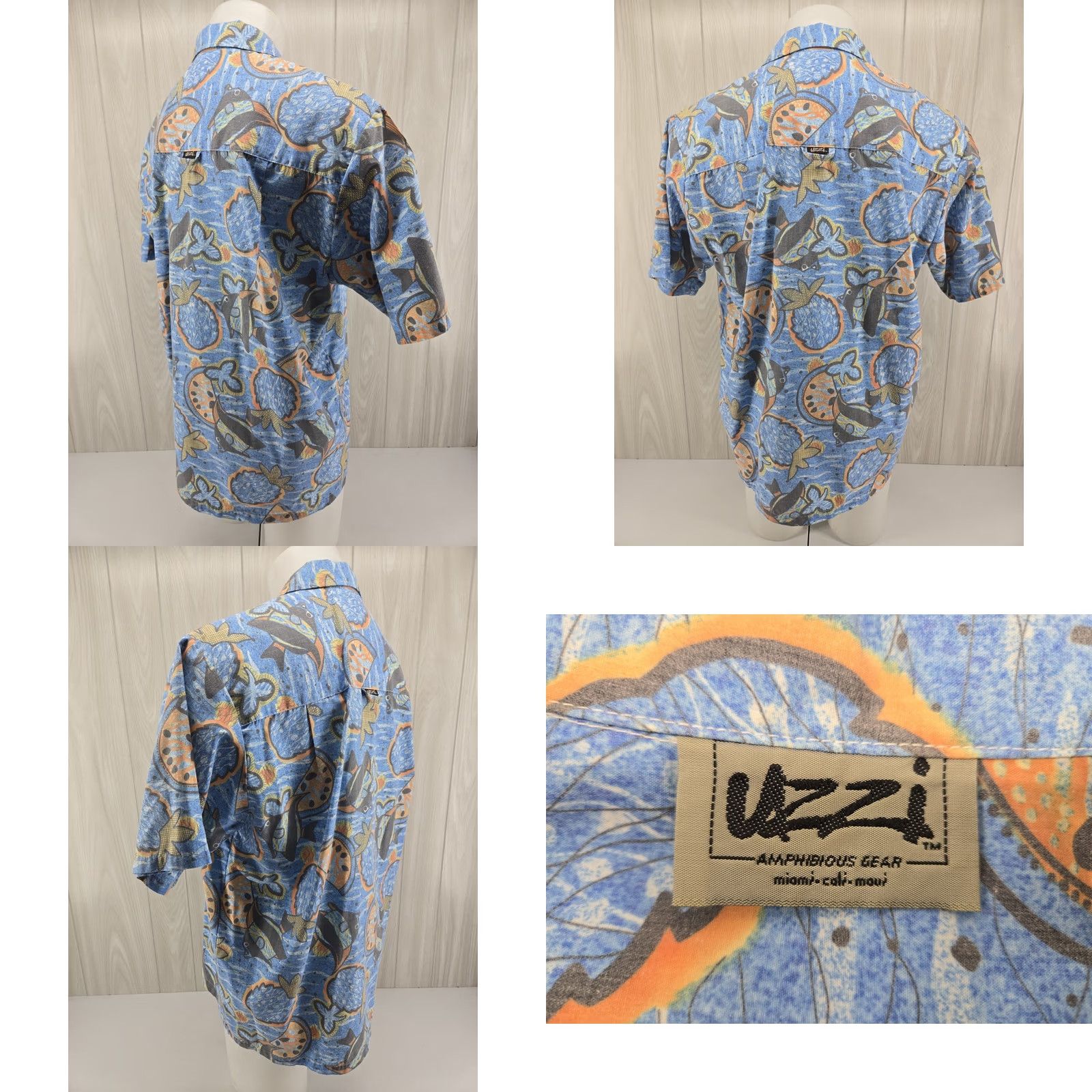 FUZZI Uzzi Aloha Amphibious Gear Hawaiian Button-Up Shirt Short Sleeve Blue Large Mens Regular Size US L / EU 52-54 / 3 - 8 Thumbnail