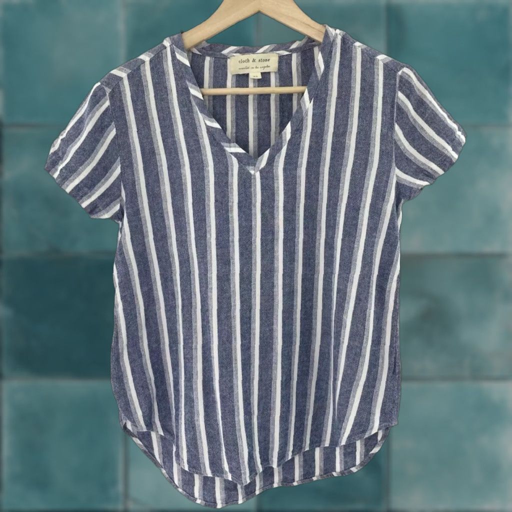 Vintage Cloth & Stone Blue White Stripes V Neck Linen Blend Blouse XS Women Short Sleeve Pullover Knit Casual Boho Modern Shirt Size XS / US 0-2 / IT 36-38 - 1 Thumbnail
