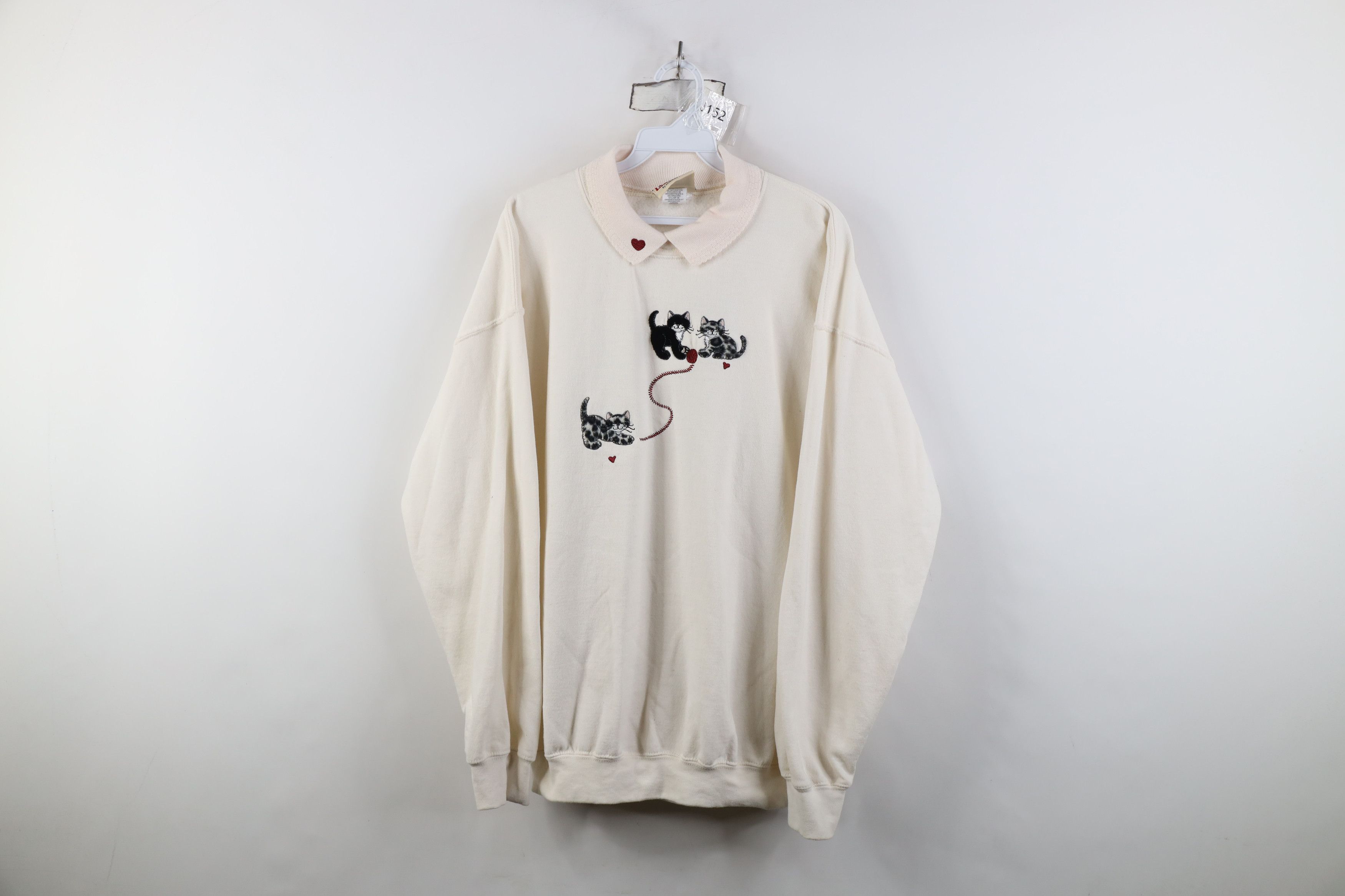 Vintage Vintage 90s Streetwear Cat Kitten Collared Sweatshirt Cream Size L / US 10 / IT 46 - 1 Thumbnail
