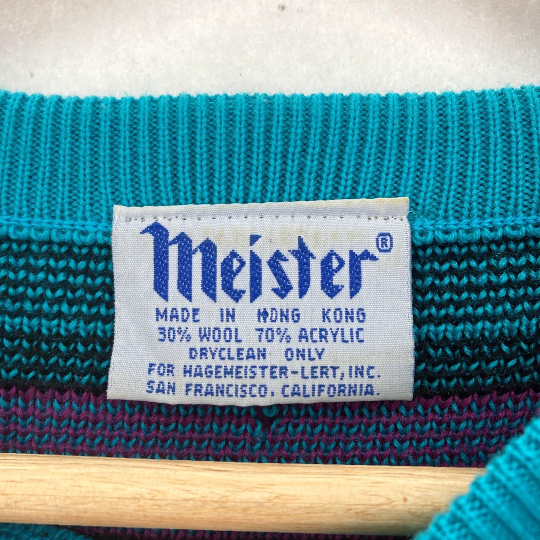 Vintage VINTAGE Meister Sweater Mens Large Teal Purple Geometric Wool Blend 90s Retro Crew Neck Knit Pullover Size US L / EU 52-54 / 3 - 2 Thumbnail