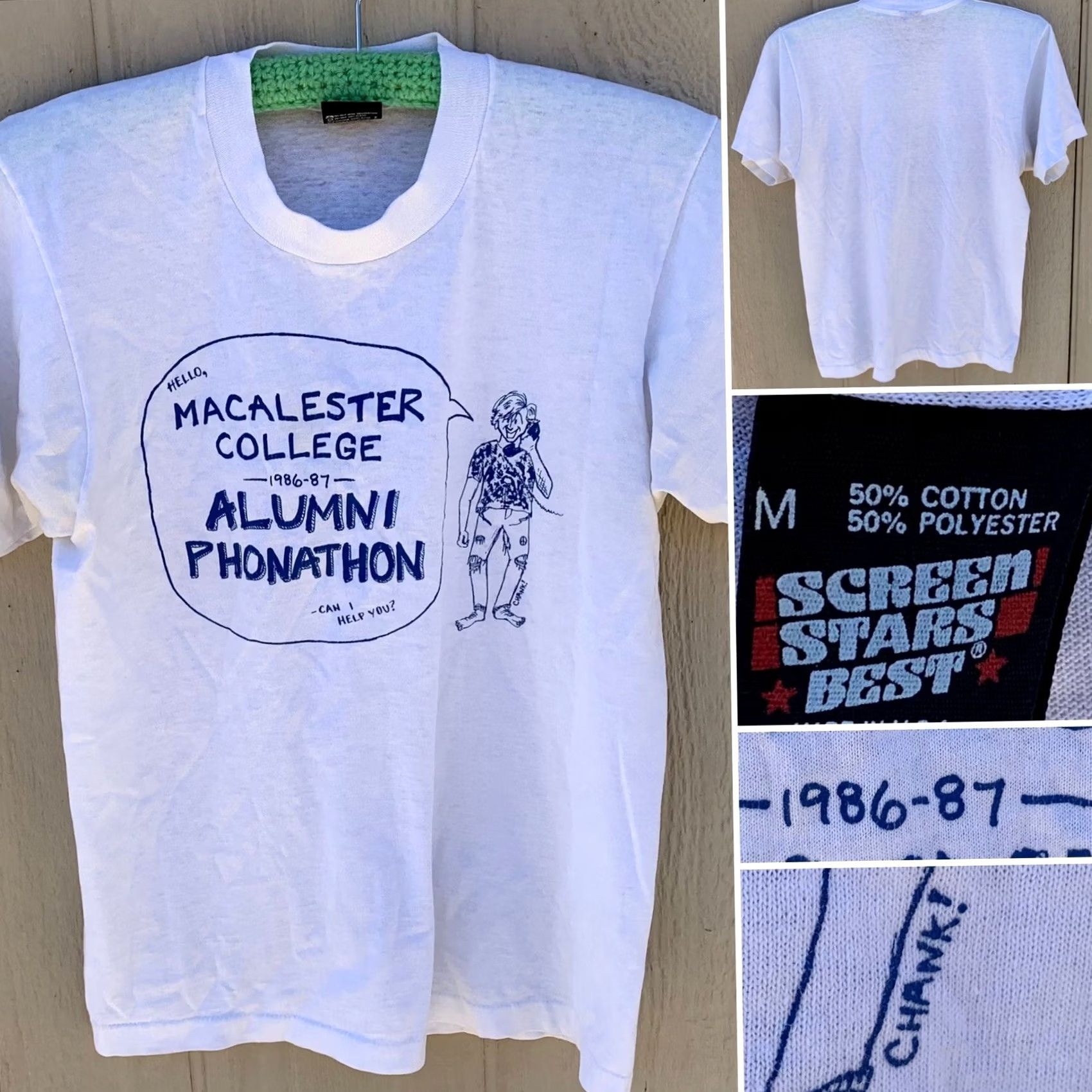 Vintage VINTAGE Hello Macalester College 1986-1987 Alumni Phonathon T-Shirt 1980s Size M White Graphic Print Shirt Men 80s College Size US M / EU 48-50 / 2 - 2 Thumbnail