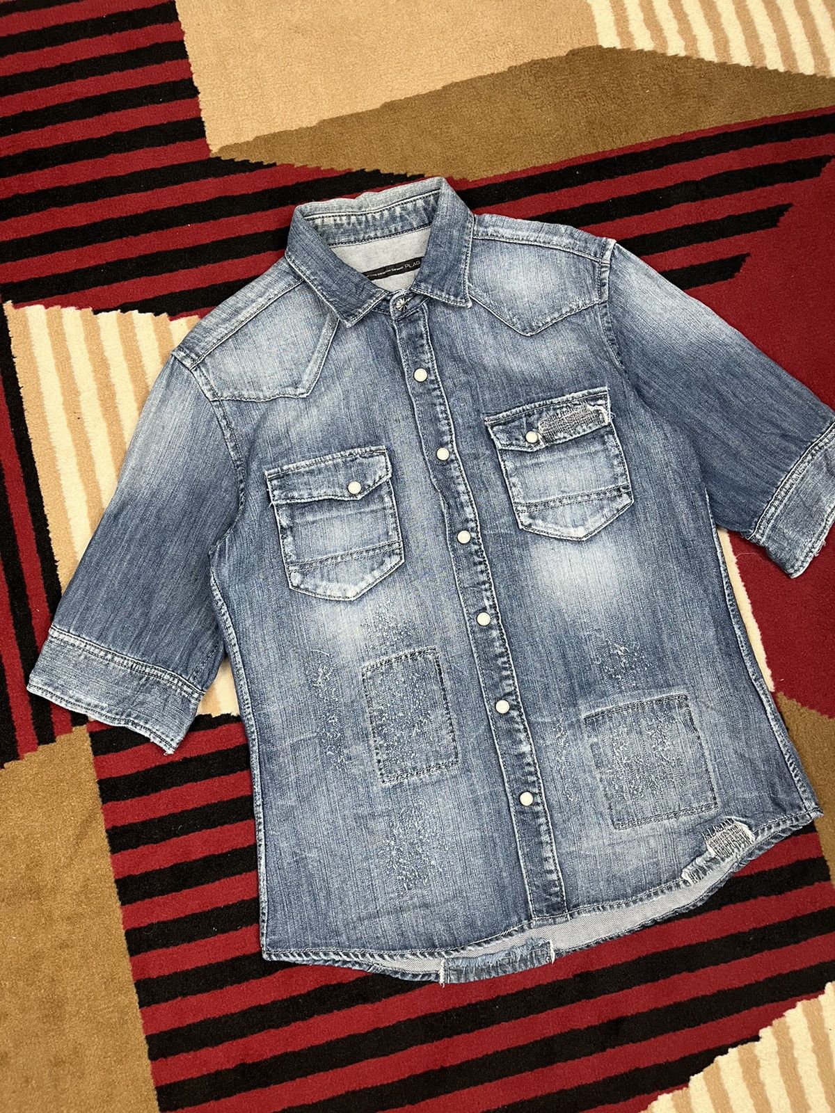 Issey Miyake × Japanese Brand × Tete Homme Plag ! Plag Tete Homme Ripped Denim Shirt Size US M / EU 48-50 / 2 - 1 Thumbnail