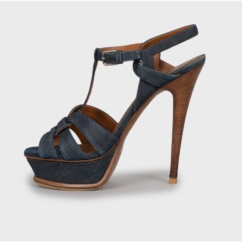 Saint Laurent Paris Stylish Saint Laurent Tribute Denim Sandals - Size 37.5 Size US 6.5 / IT 36.5 - 1 Thumbnail
