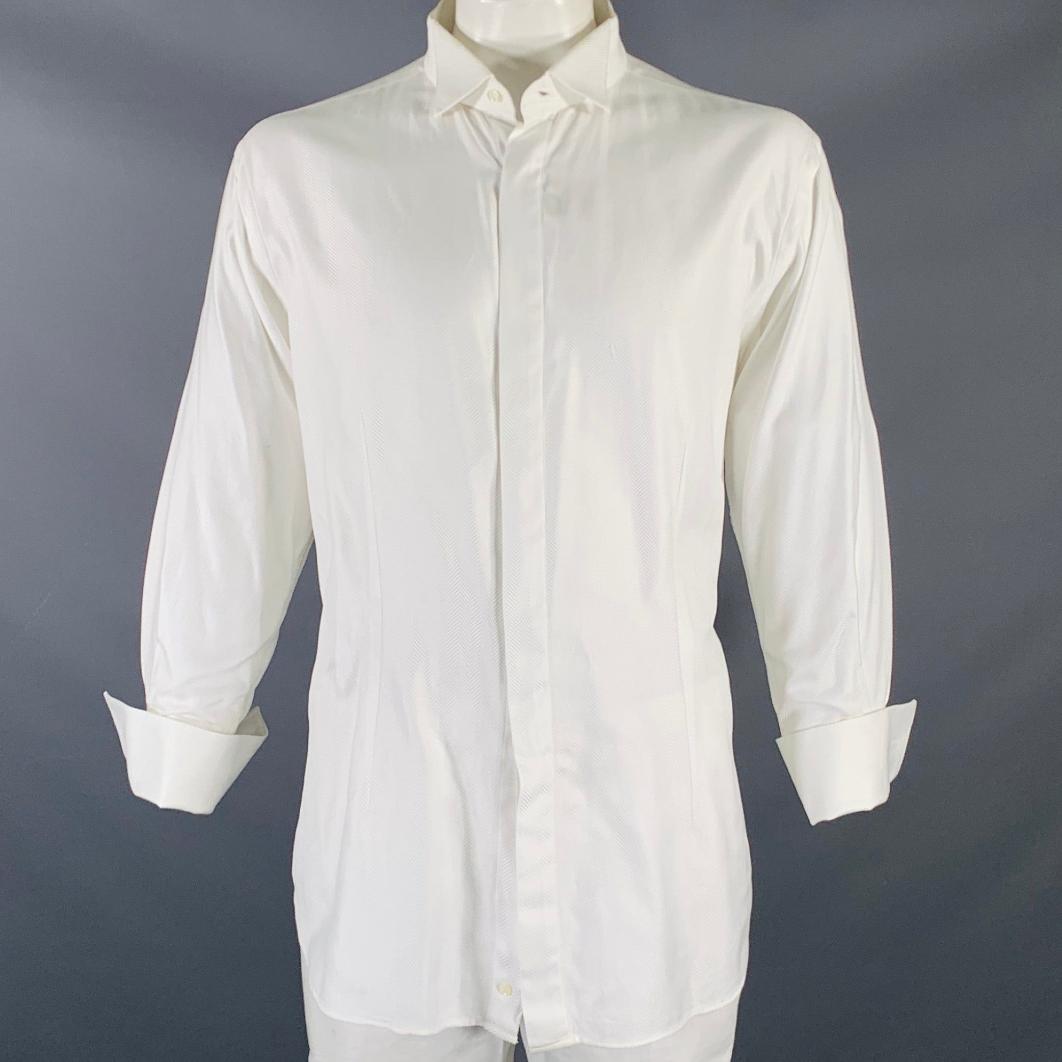 image of Etro White Herringbone Cotton Tuxedo Long Sleeve Shirt, Men's (Size 2XL)