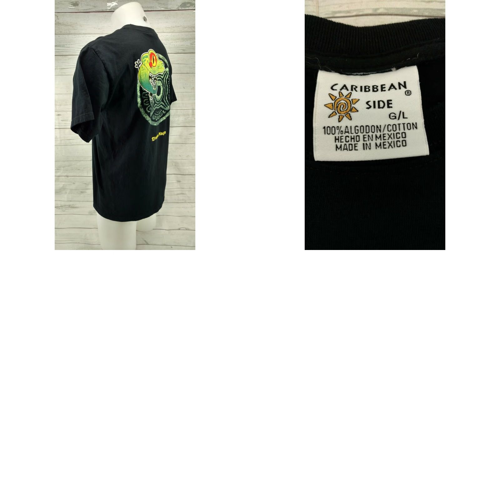 Vintage Caribbean Side Gecko Black T Shirt Men's L Crew Neck Short Sleeve Graphic Tee 100% Cotton Riviera Maya Mexico Vintage No Size US L / EU 52-54 / 3 - 8 Thumbnail