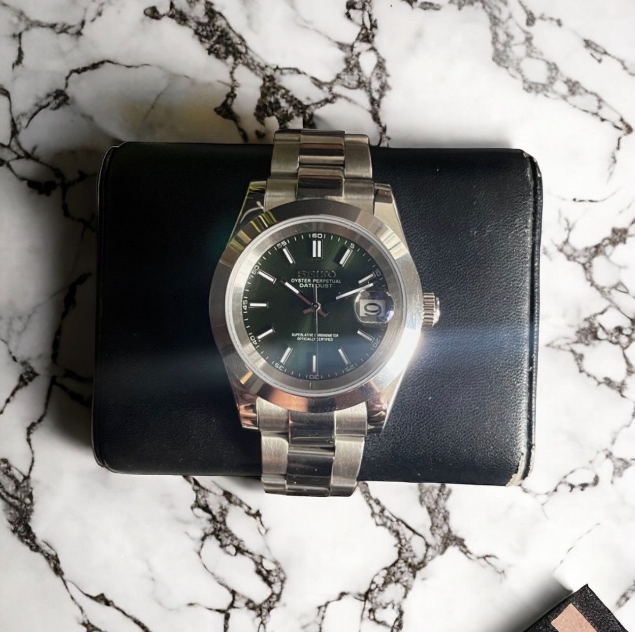 Seiko Seiko Mod Datejust Green Dial Steel Oyster Watch 39mm Size ONE SIZE - 1 Thumbnail
