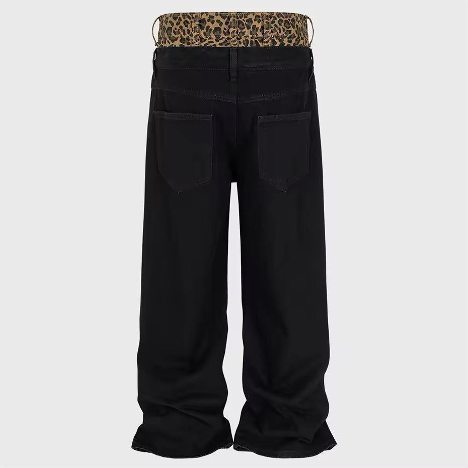Designer × Japanese Brand × Vintage Fake Two Piece Leopard Patchwork Black Baggy Jeans Size US 27 - 2 Thumbnail