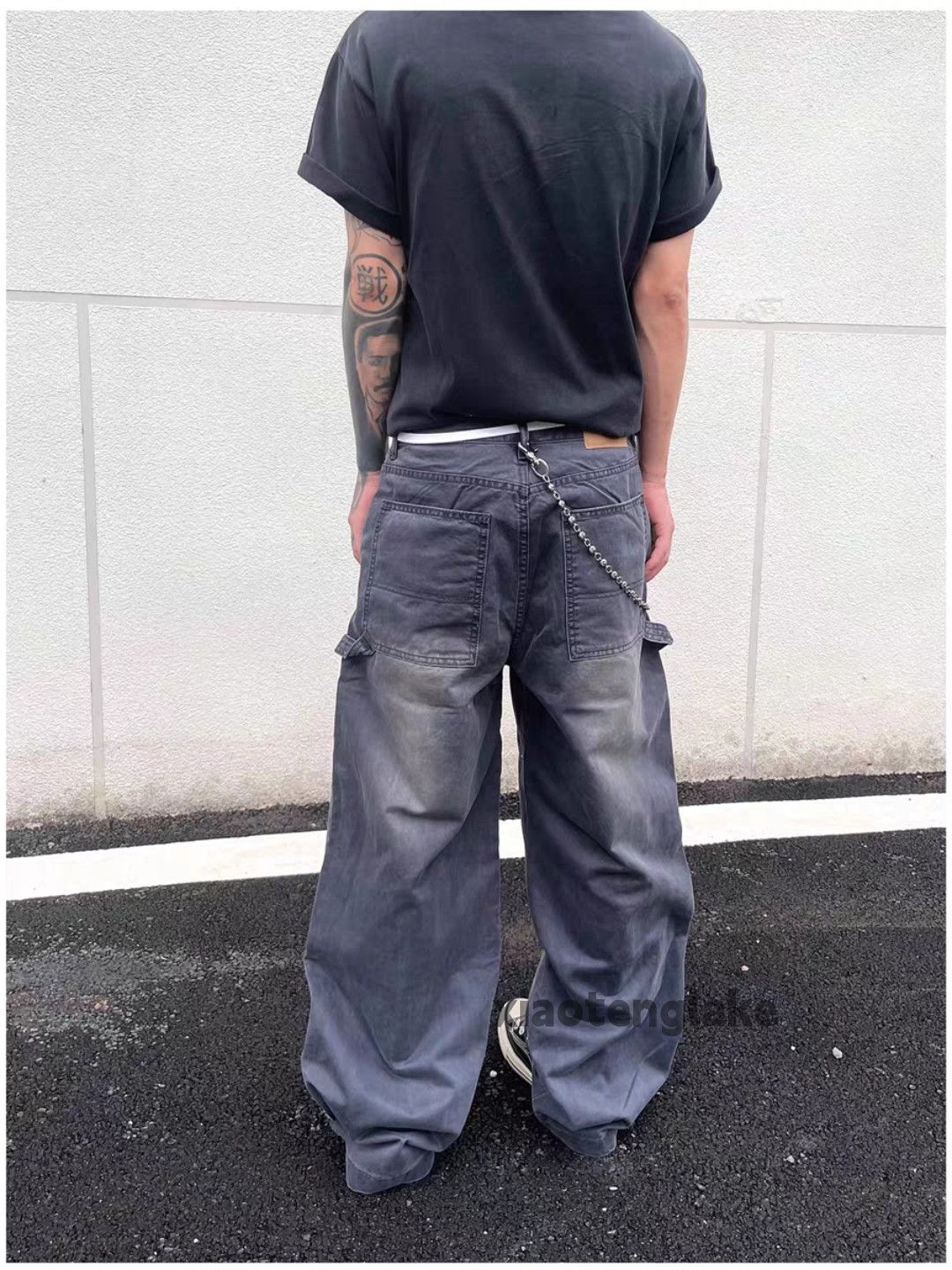 Designer Unisex washed faded loose baggy hiphop carpenter pants Size US 33 - 4 Thumbnail